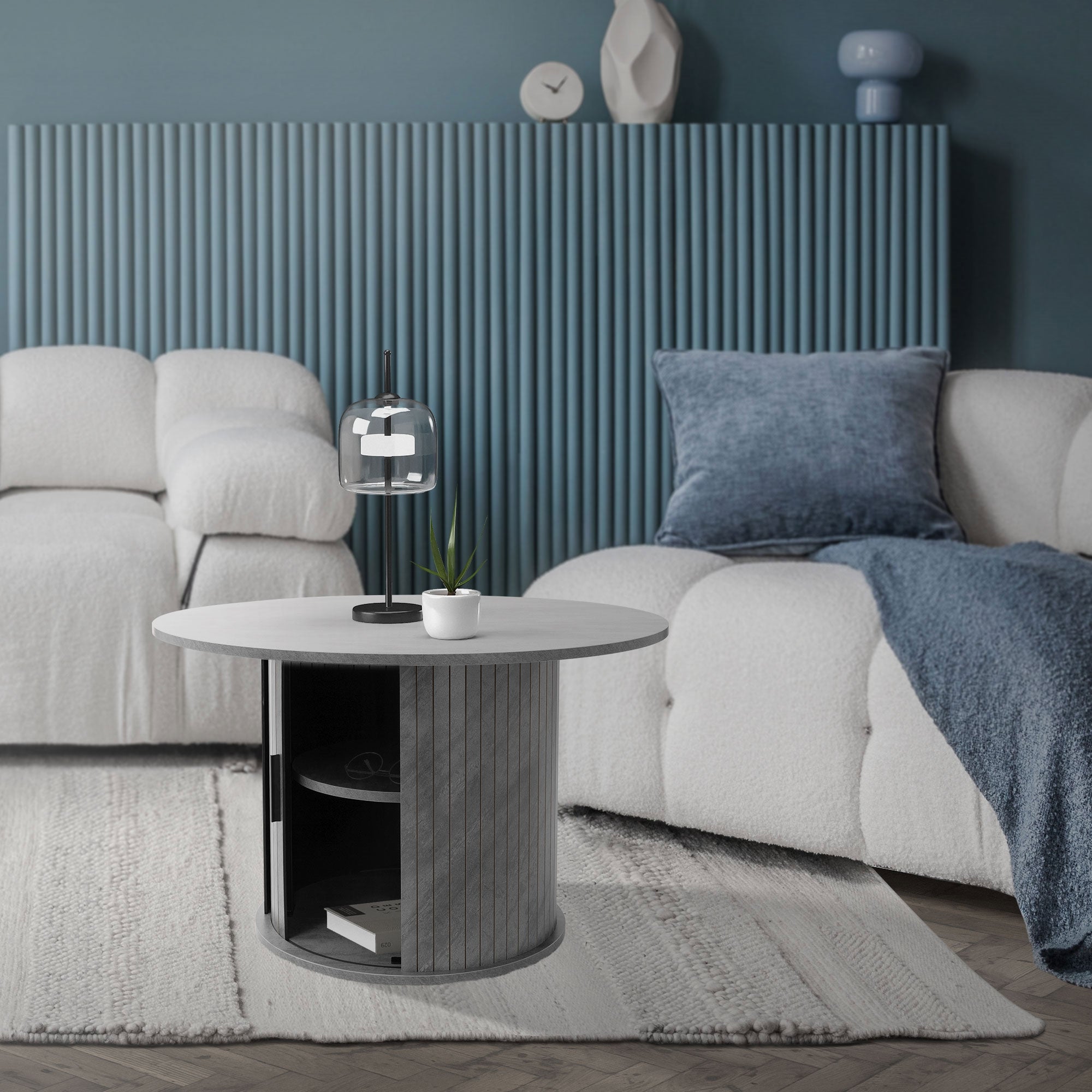 ML-Design okrągły stolik kawowy 80x80x50 cm beton szary z przesuwanymi drzwiczkami pojemny nowoczesny stolik do salonu kawy herbaty serwowanie - 9