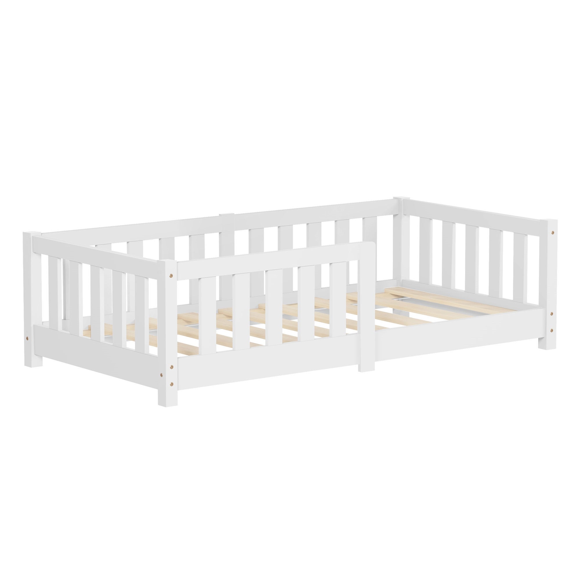 ML-Design łóżeczko dziecięce Montessori 70x140 cm biały podłogowe drewniane z solidnym stelażem i ochroną przed wypadnięciem komfortowe dla dzieci