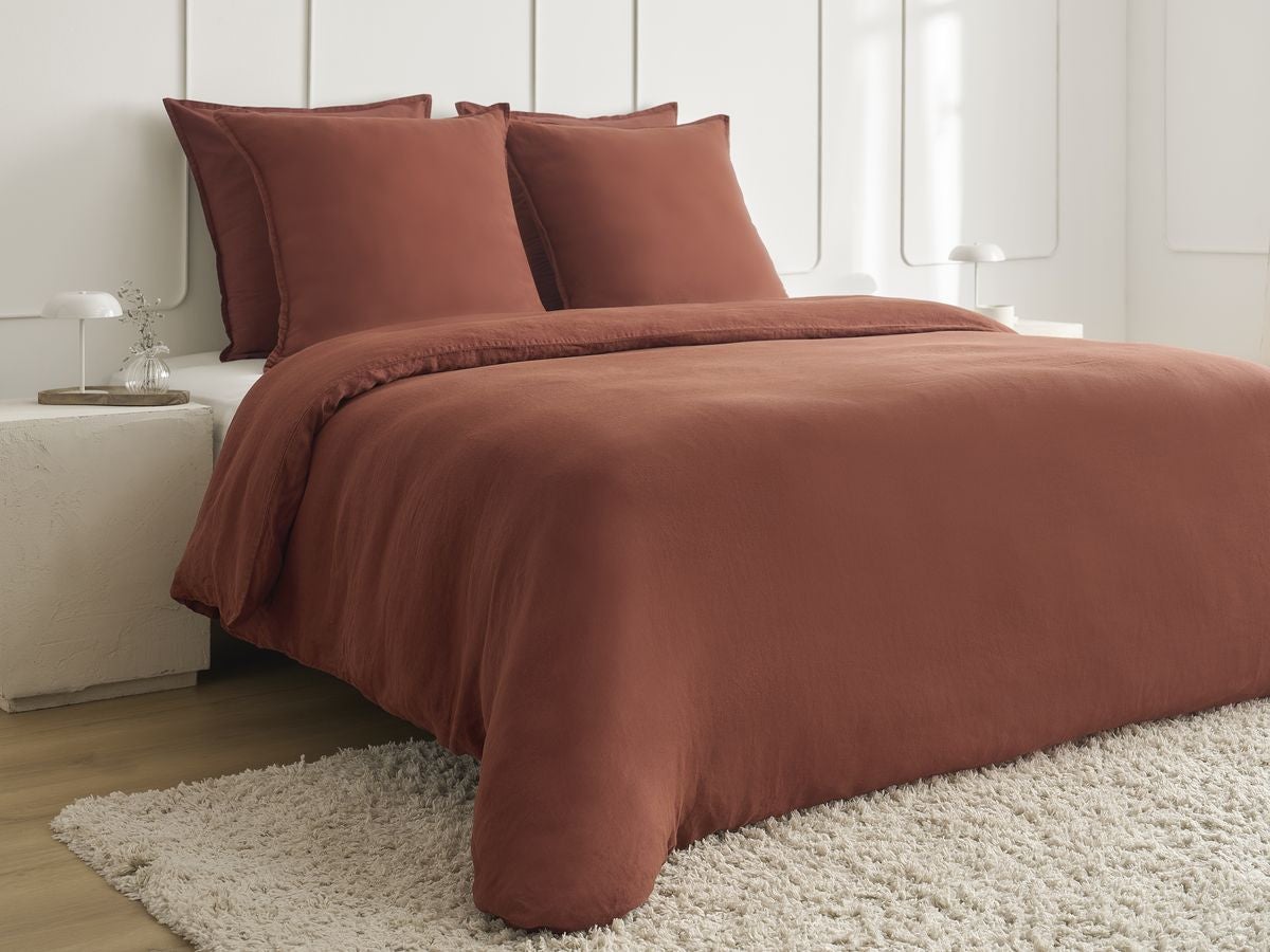BOBOCHIC Parure de lit en Lin lavé ARES avec une housse de couette, 2 taies d'oreiller Terracotta 220x240 - 4