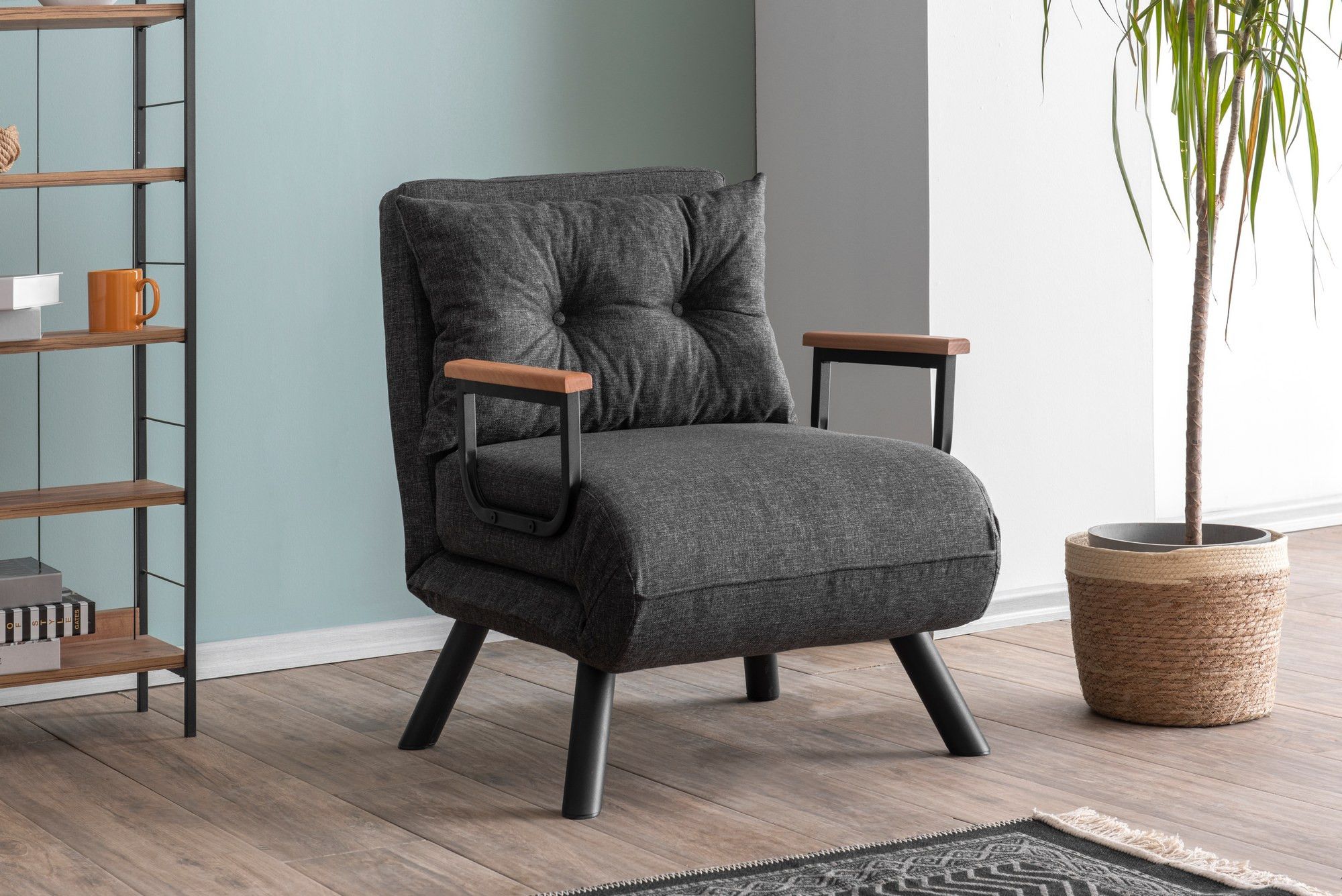 IDMarket Poltrona Scandinava OLAN Cabriolet In Tessuto Grigio Antracite - Con Braccioli Imbottiti, Gambe In Legno, Dimensioni 67x63x75 Cm - 6