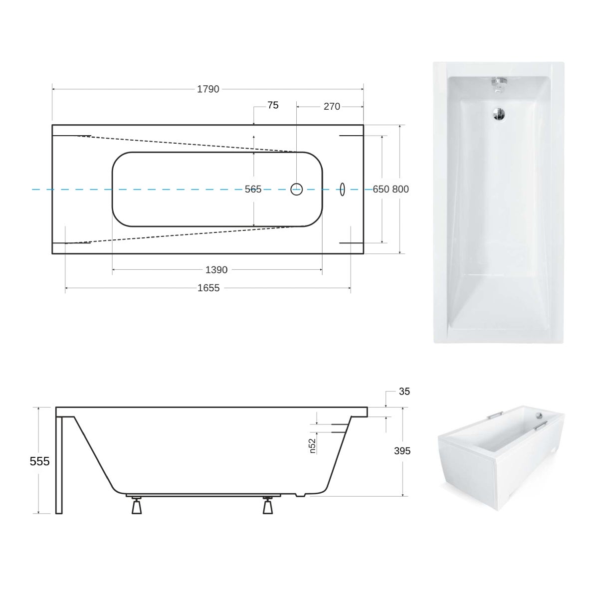 Baignoire rectangulaire de 180 x 80 cm - avec Tablier Blanc et Repose Tête OFFERT - MODERN - 4