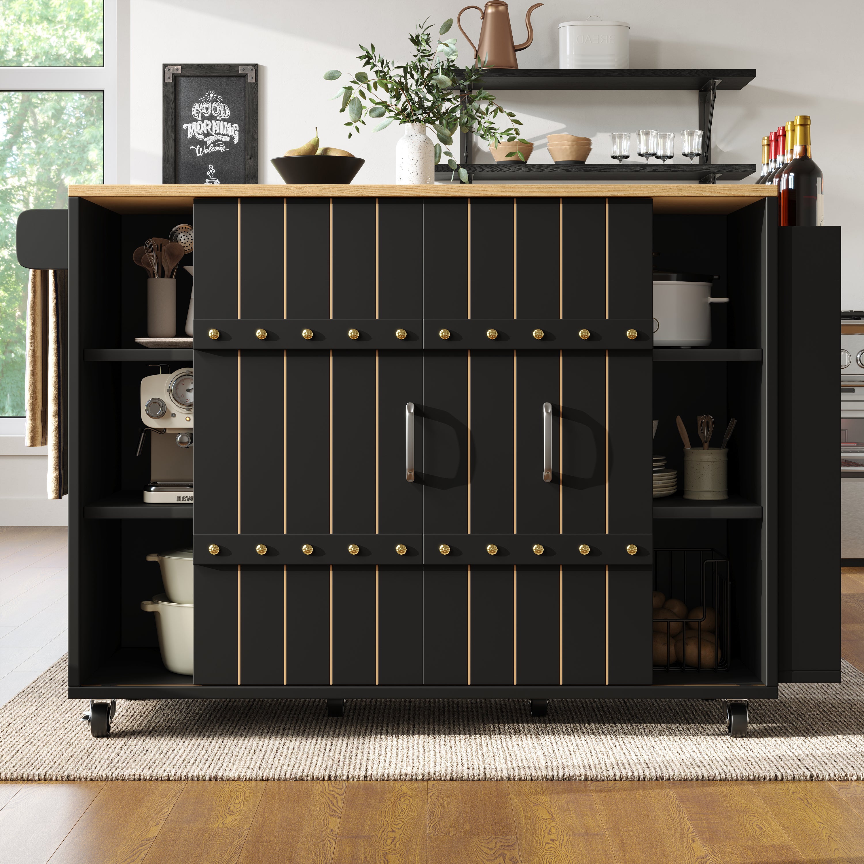 Buffet cuisine avec plan de travail, Chariot à roulettes avec tiroirs, Desserte cuisine avec étagère à épices et porte serviettes,Noir 110x42x90cm - 7