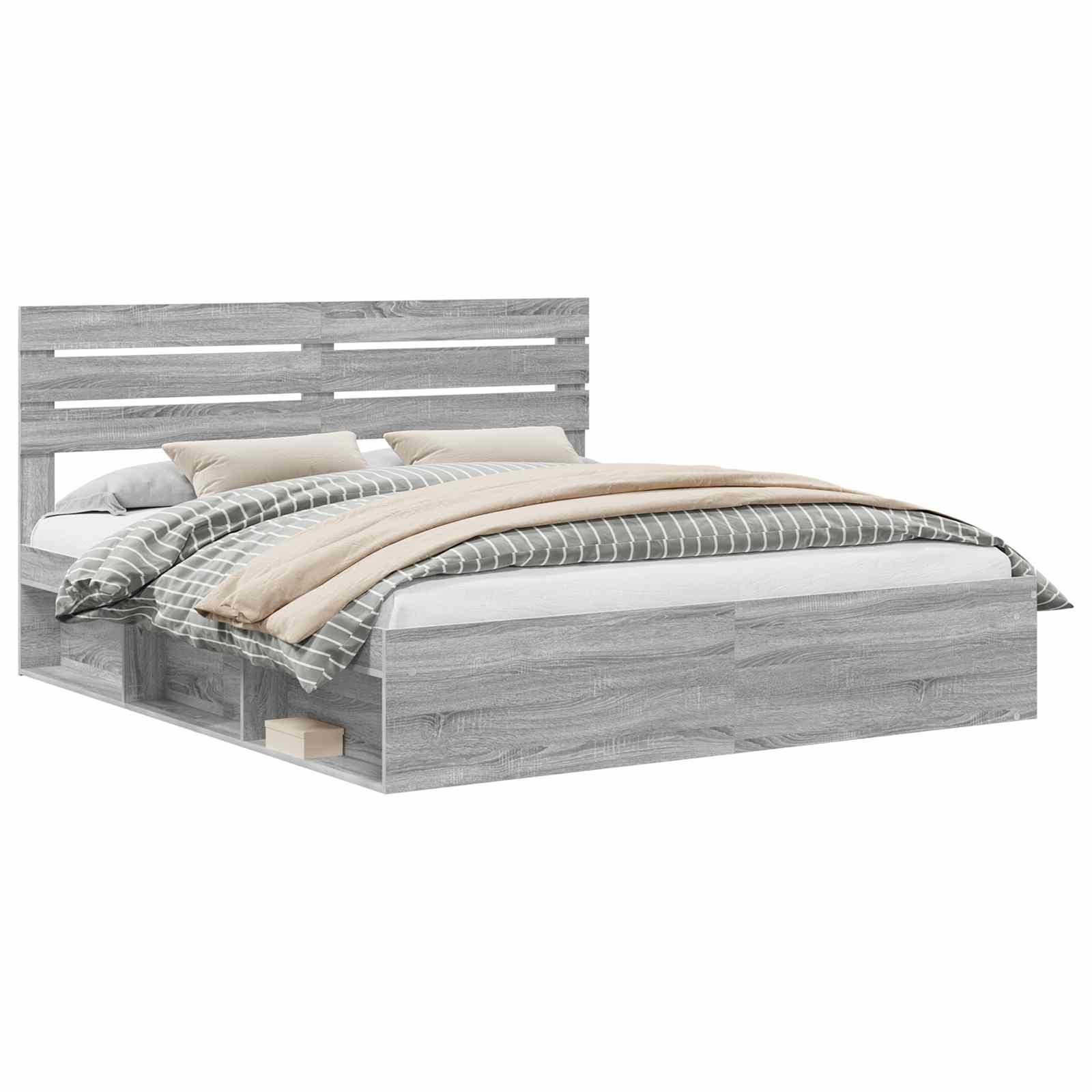 Cadre de lit gris en pin massif pour la chambre, 200 × 200 cm - 2