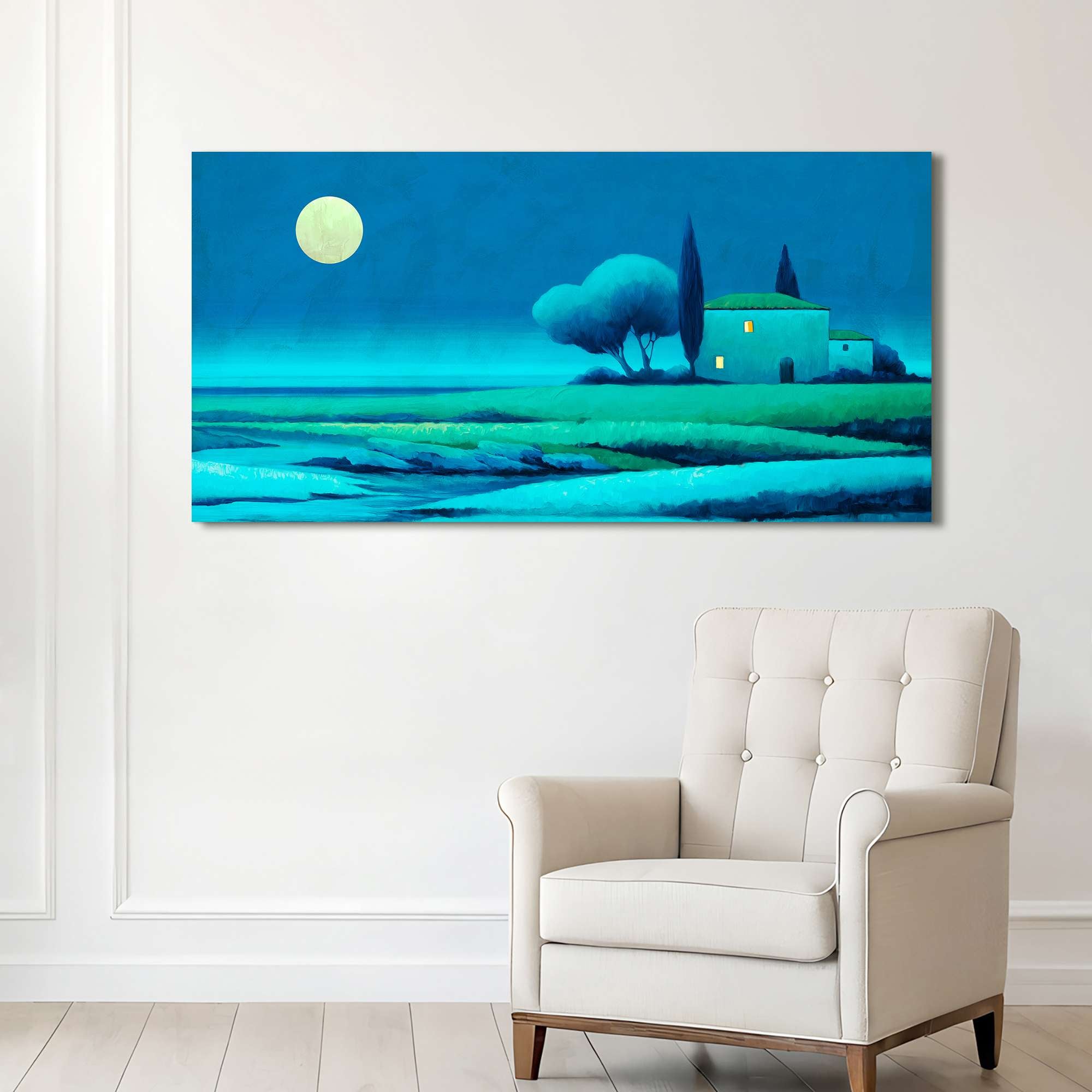 Tableau paysage moderne sur toile - Stefano Renaldi - Lune sur la campagne - 100x50 cm - 2