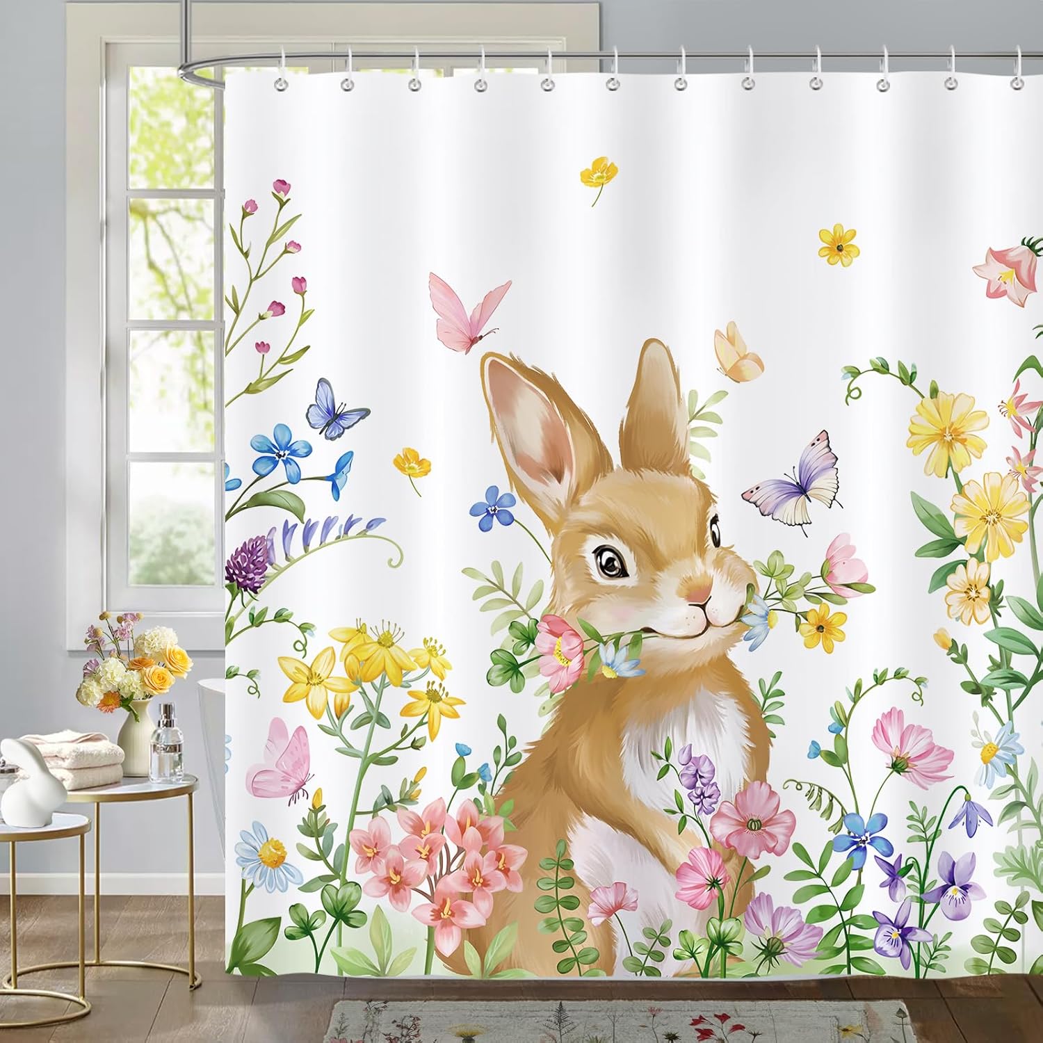 Tenda Da Doccia Pasquale 182x182 Cm – Coniglietti, Uova E Fiori A Quadri Con Ganci Inclusi – Poliestere Impermeabile - 3