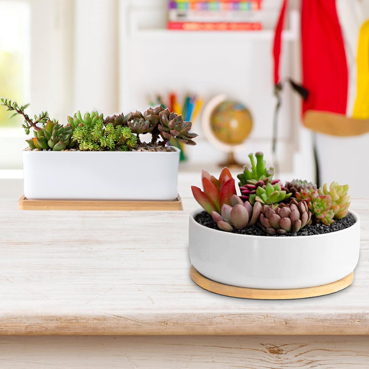 Lot de 2 petits pots de fleurs rectangulaires en céramique pour plantes grasses avec trou de drainage et plateau en bambou - 5
