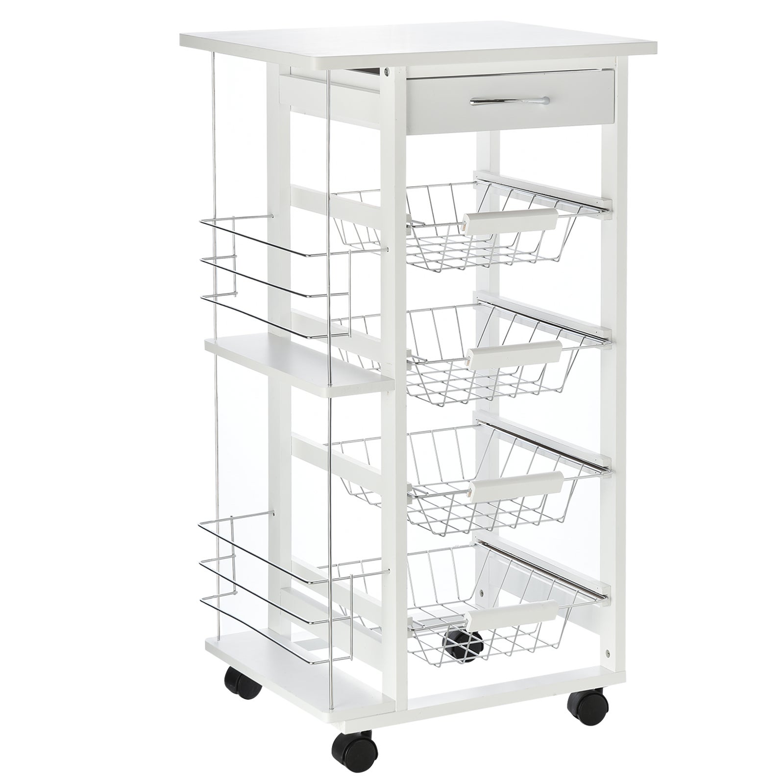 Carrito de cocina con ruedas carro multiusos con cajón 4 cestas extraíbles de metal y bastidores 47x37x83 cm blanco