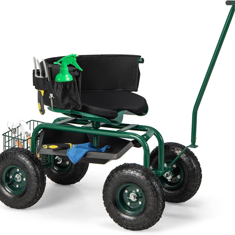 Siedzisko Ogrodowe na Kółkach z 2 Uchwytami do Kierowania, Siedzisko Obrotowe 360°, Regulowana Wysokość 42–52 cm, do Użytku na Zewnątrz, Zielone