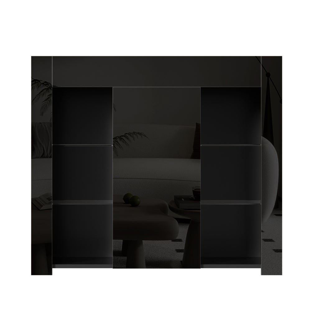 Nowoczesny bufet z błyszczącym wykończeniem i szklanymi półkami – kompaktowy i elegancki mebel do przechowywania 95x35x83 cm do salonu - 6
