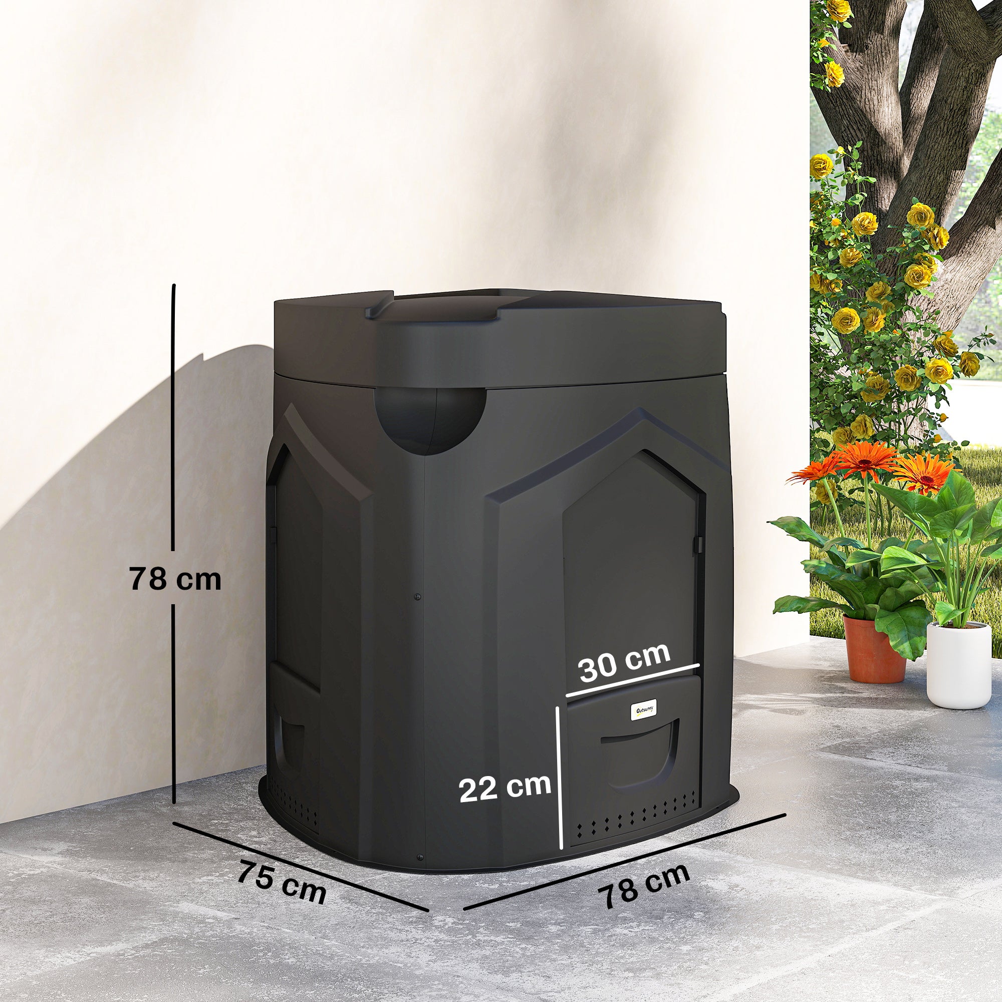 Composteur de jardin, 240L, bac à compost extérieur, en polypropylène, 3 Portes, 66 Aérations, 78 x 75 x 78 cm, Noir - 5