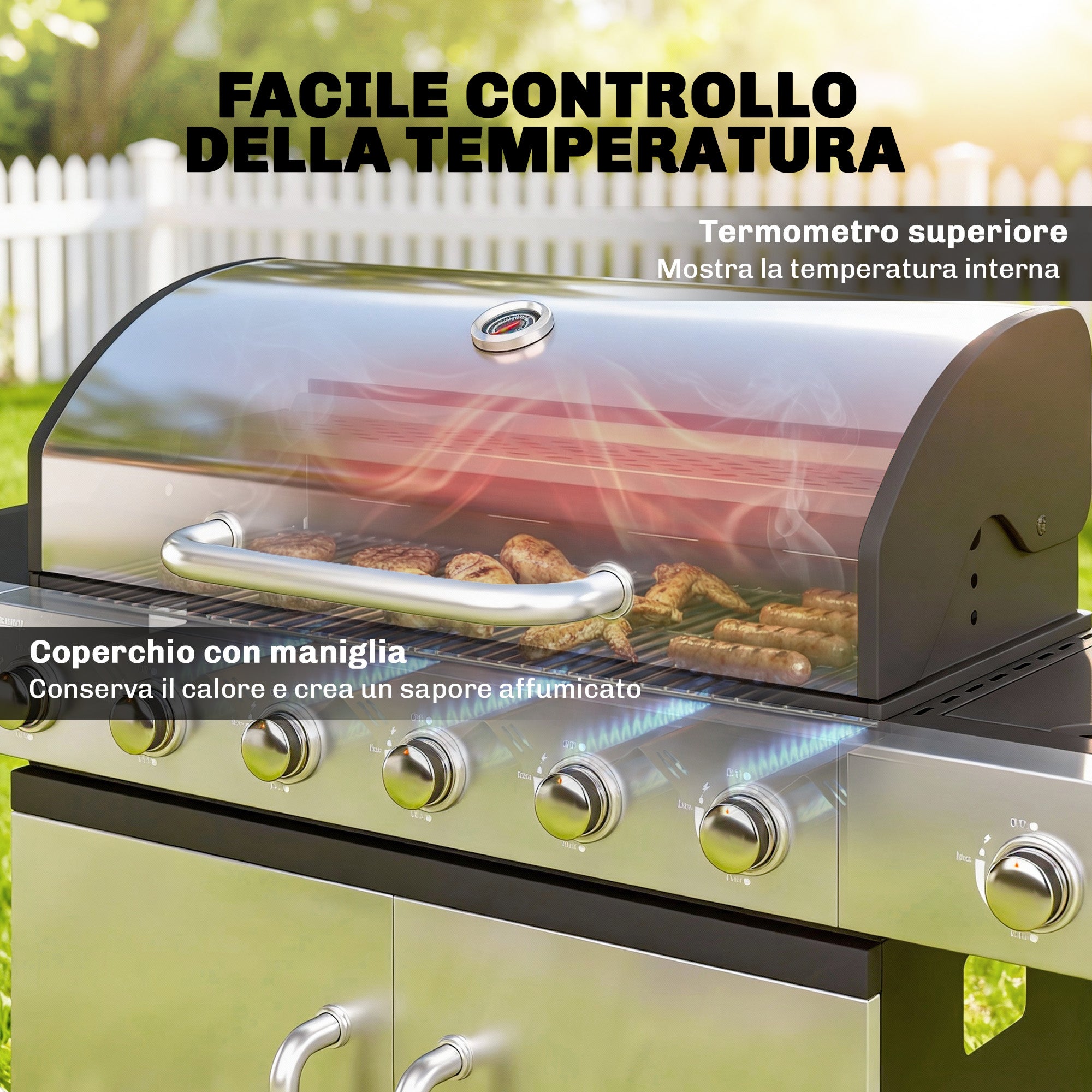 Outsunny Barbecue a Gas Propano a 6 Fuochi con Bruciatore Laterale, 63.000 BTU, Griglia in Acciaio Inox, Argento e Nero - 6