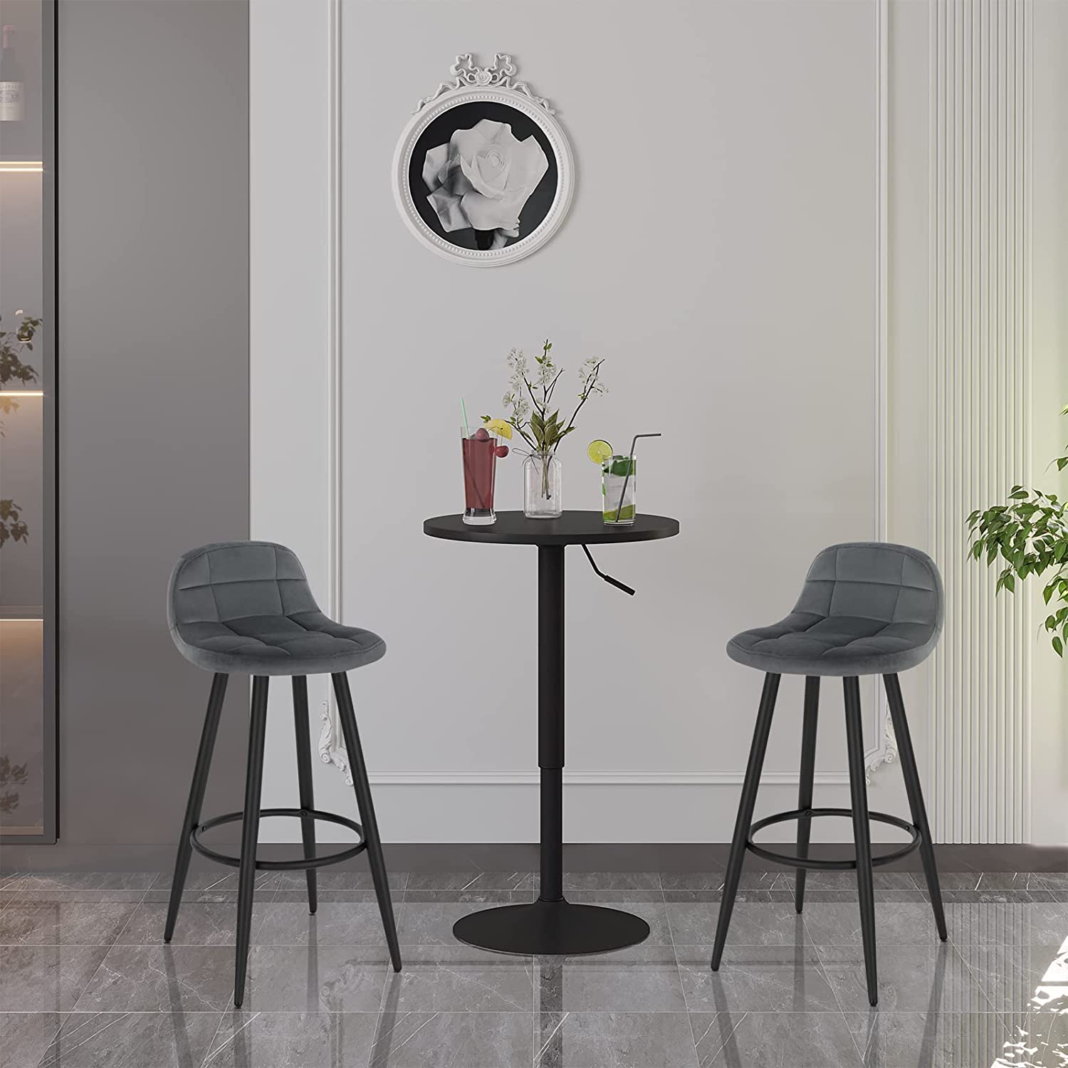 Lot de 2 Tabourets de Bar Modernes WOLTU, Chaise de Cuisine Haute en Velours et Métal, Hauteur d'Assise 70cm, Gris Foncé - 2