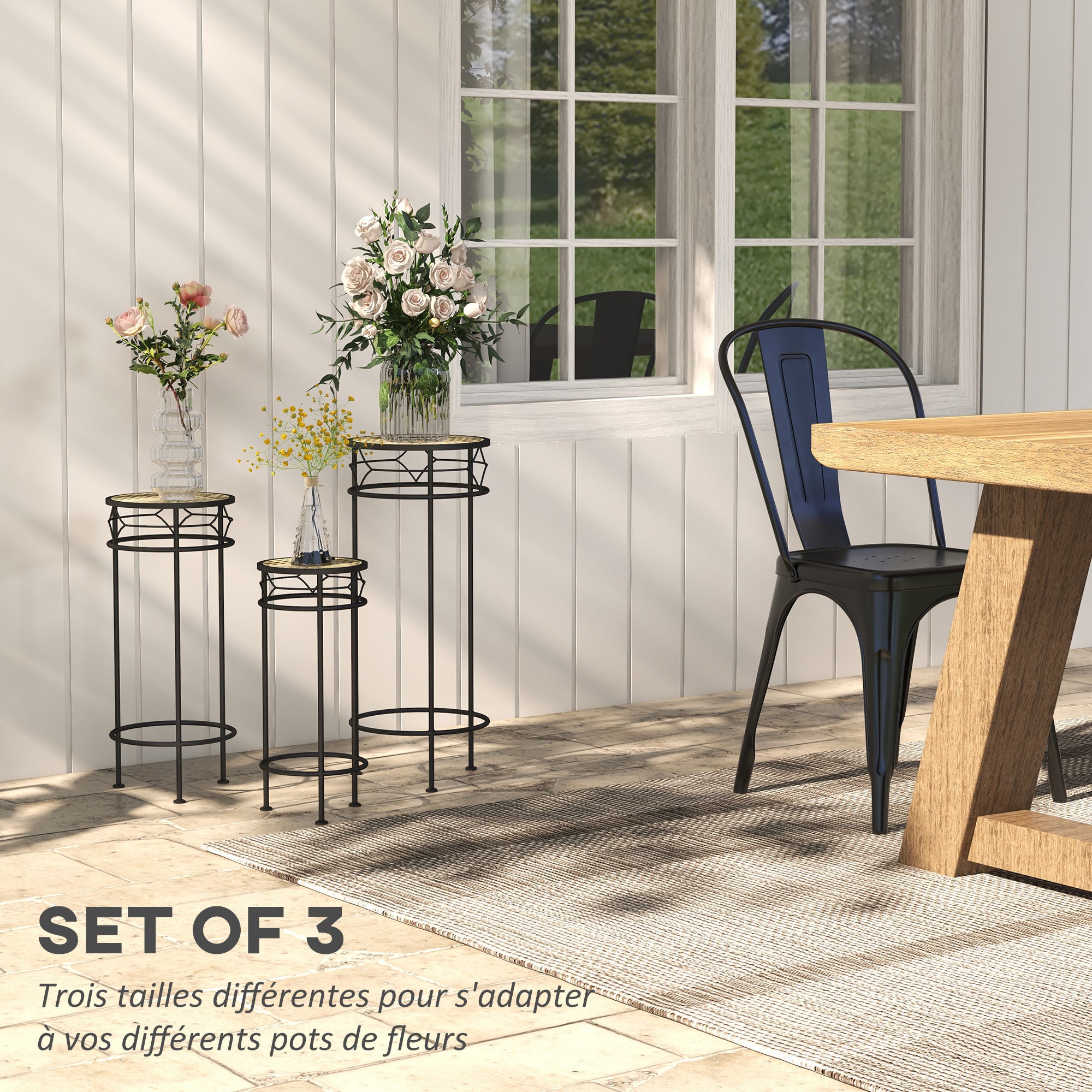 Lot de 3 supports pot de fleurs supports pour plantes ronds étagère à fleurs empilables - plateaux aspect rotin - 6