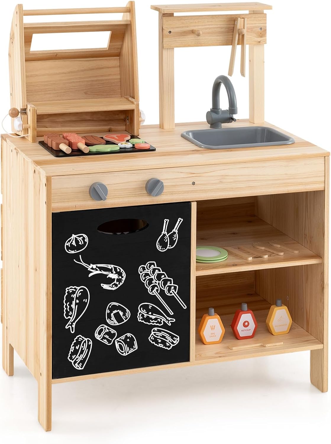 Zabawkowy Grill dla Dzieci z Tablicą, Drewniany Zestaw do Grillowania z Zabawkowym Jedzeniem, Zabawa w Naśladowanie dla Dzieci Powyżej 3 Lat