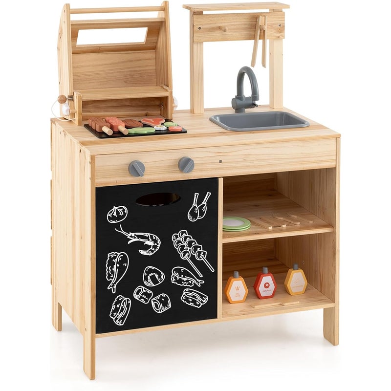 Zabawkowy Grill dla Dzieci z Tablicą, Drewniany Zestaw do Grillowania z Zabawkowym Jedzeniem, Zabawa w Naśladowanie dla Dzieci Powyżej 3 Lat