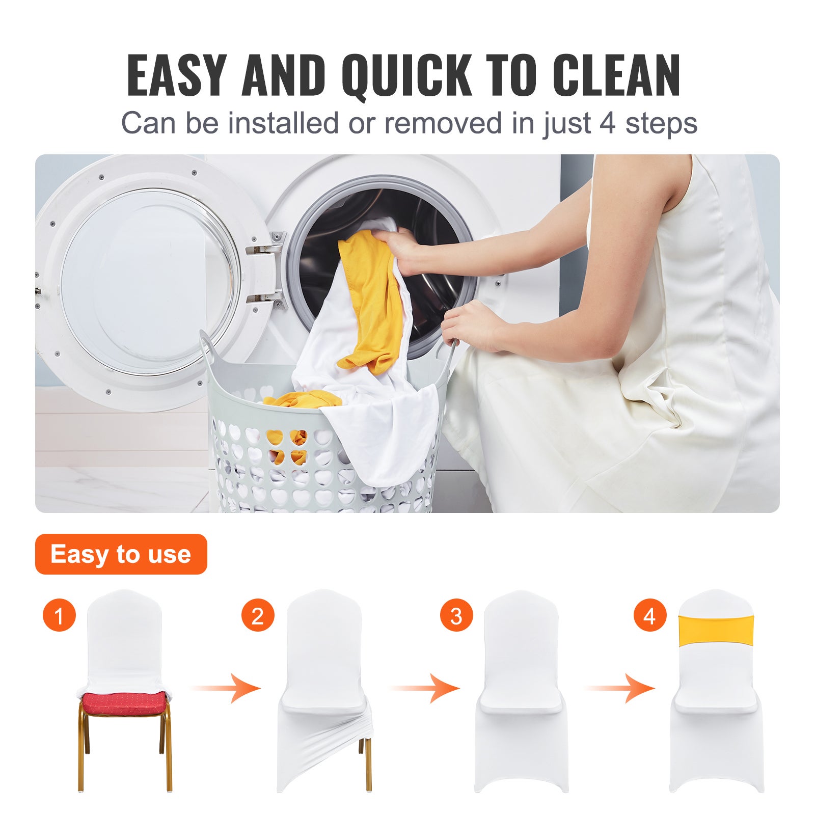 Housses de chaise extensible,SucceBuy ajustement universel avec ceintures de chaise,amovibles et lavables,lot de 50 housses dorées et blanches - 6