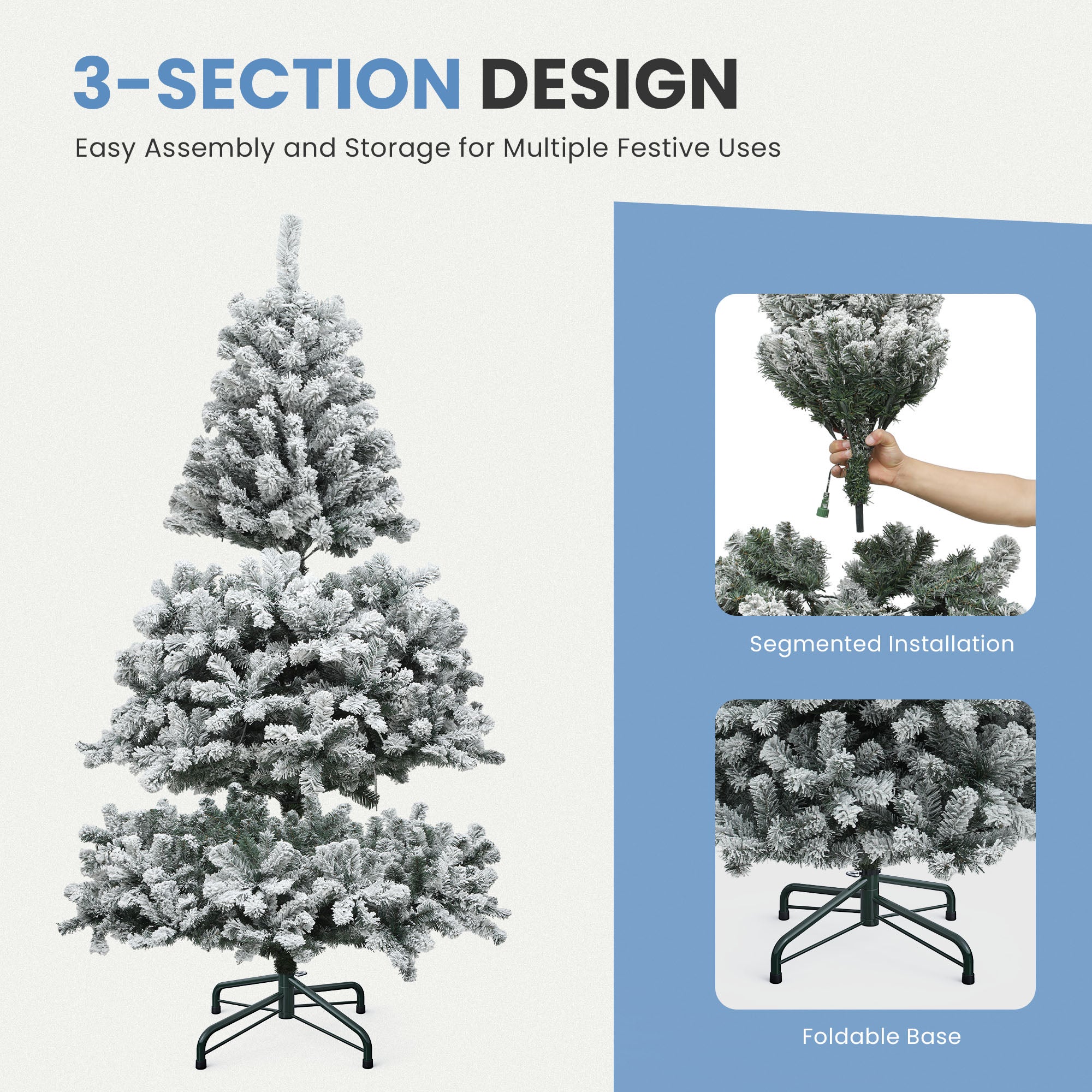 Sapin de Noël Artificiel 225cm à Flocons de Neige Balconera 550 LED, 1346 Branches, avec Support en Métal Pliable, Décoration de Fête - 7