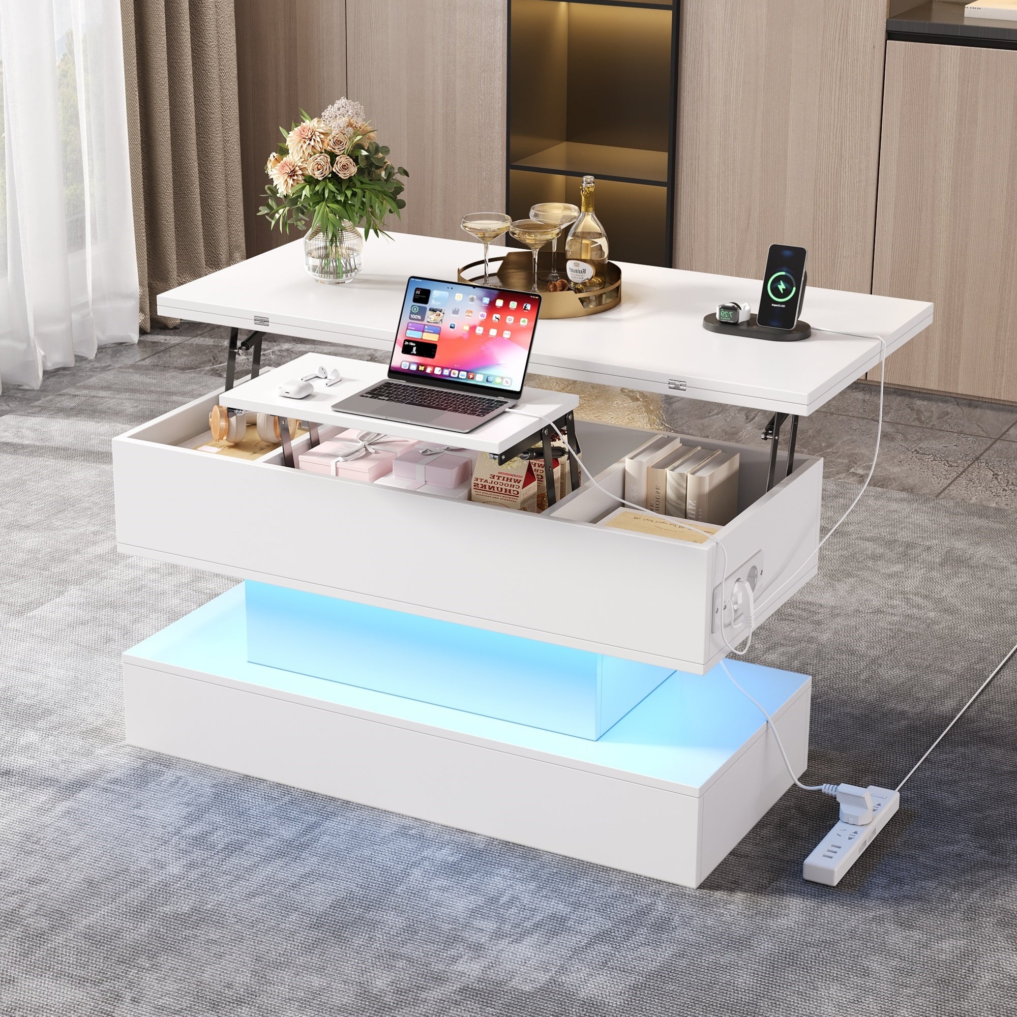 Podnoszony stolik kawowy z rozkładanym blatem - 100 x 50 x 51,5 cm - gniazdo USB-C i diody LED - płyta wiórowa - biały