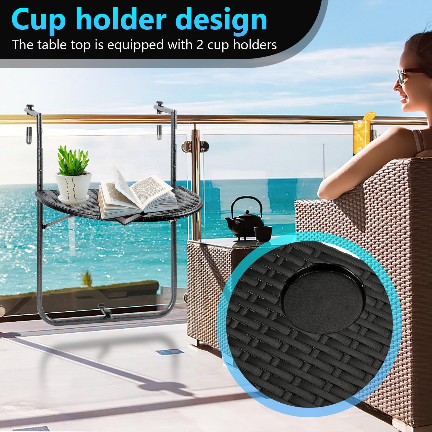 Table de Balcon Suspendue Petite Table Murale Rabattable 60 x 40 cm, Noir - 8