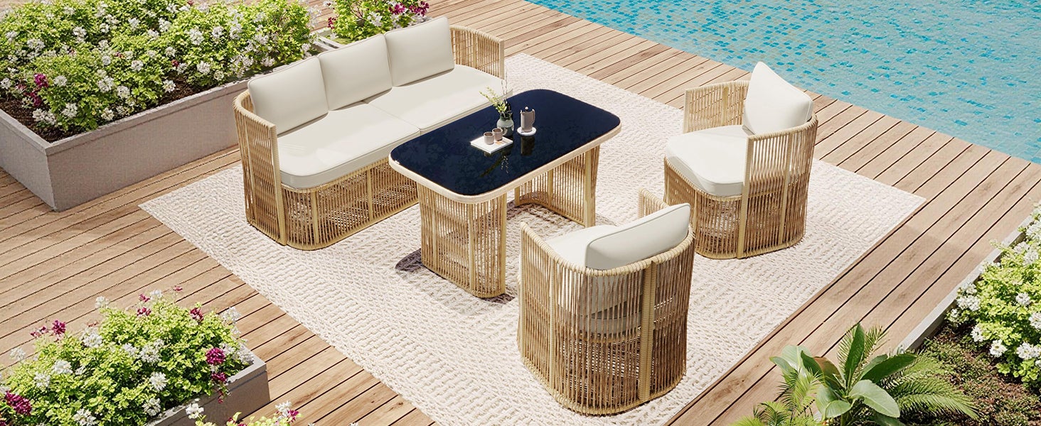 Salon de Jardin en Résine Tressée 5 Pièces - Canapé 3 places, 2 Fauteuils et Table en Verre Trempé - Coussins Épais - Beige et Noir - 6
