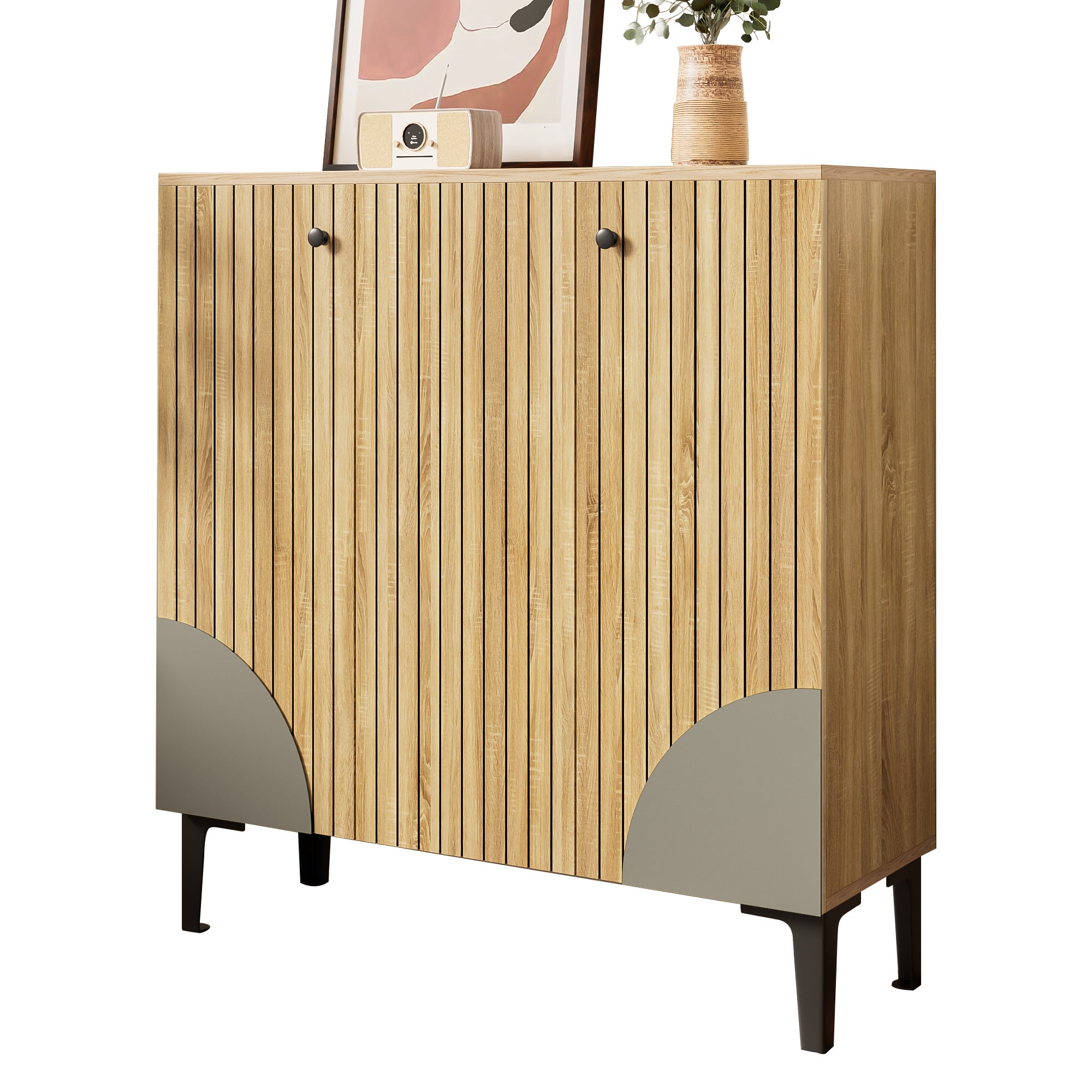 Meuble à chaussures moderne 90x32x94 cm - avec 3 portes - Étagères à plusieurs niveaux - aspect bois - Panneaux de particules - Naturel - 6