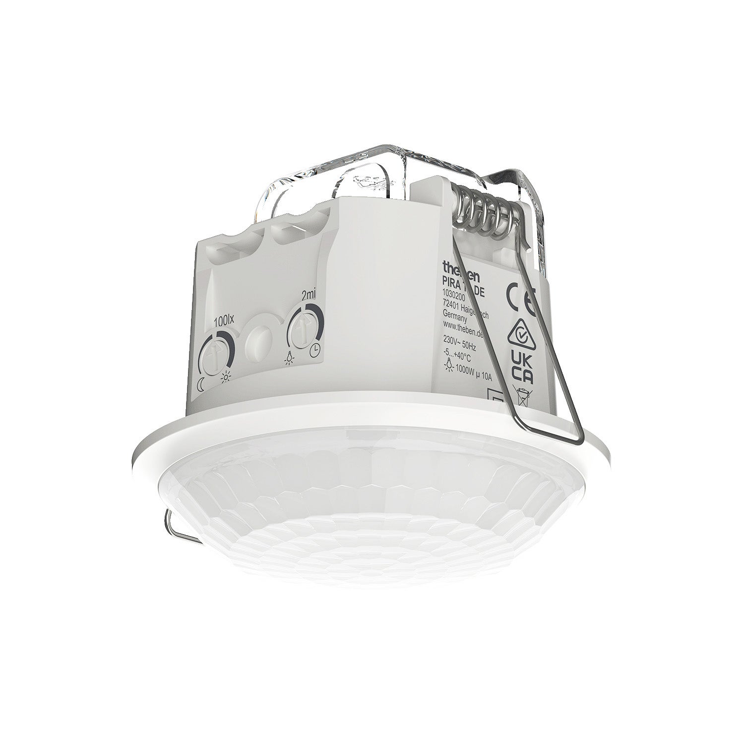 Theben 1030200 PIRA T8 DE Czujnik ruchu do wnętrz, 200 W LED, obszar detekcji kołowej 360°, Ø 8 m, opóźnienie światła od 5 s do 15 min, montaż