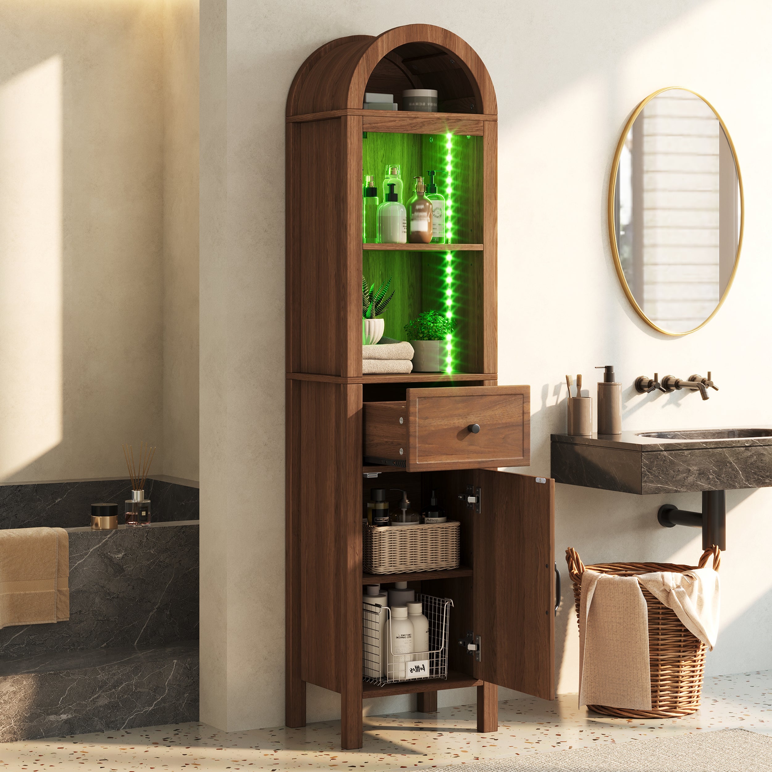 Coloană de baie, înălțime 163 cm - Dulap înalt cu arc LED, uși și sertar cu caneluri reversibile, stil modern