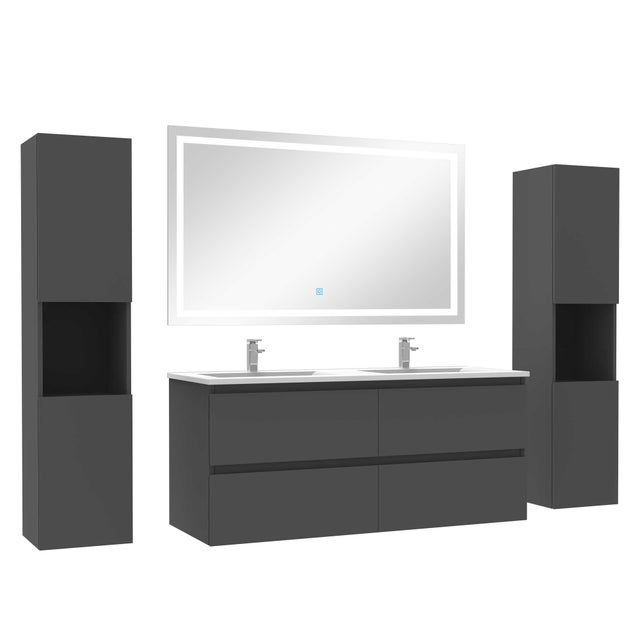 Ensemble meubles Salle de Bain 120cm vasque + colonne + miroir lumineux Anthracite