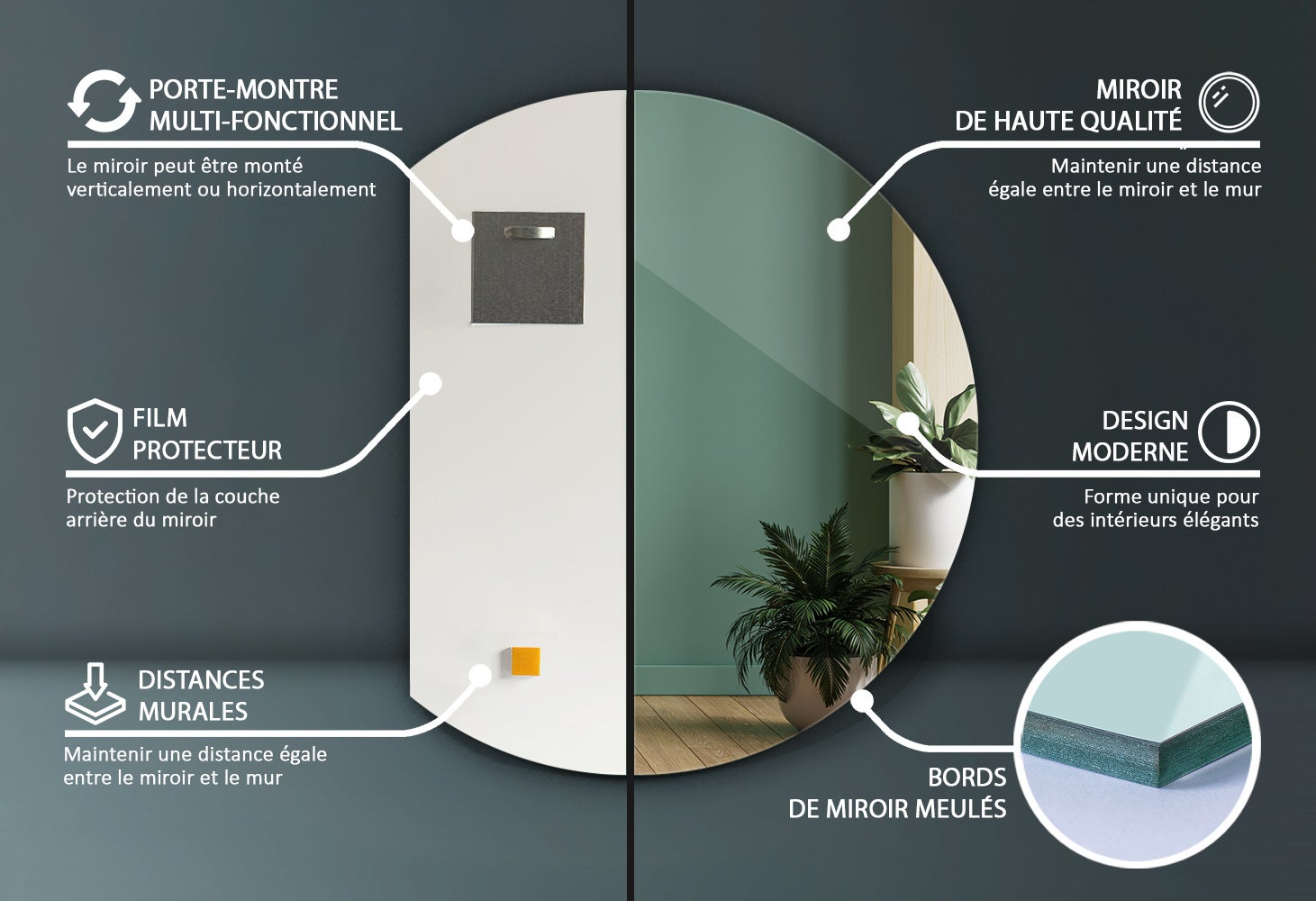 Miroir demi cercle, miroir de lavabo moderne pour salle de bain, maquillage, cercle biseauté, montage mural 100 - 4