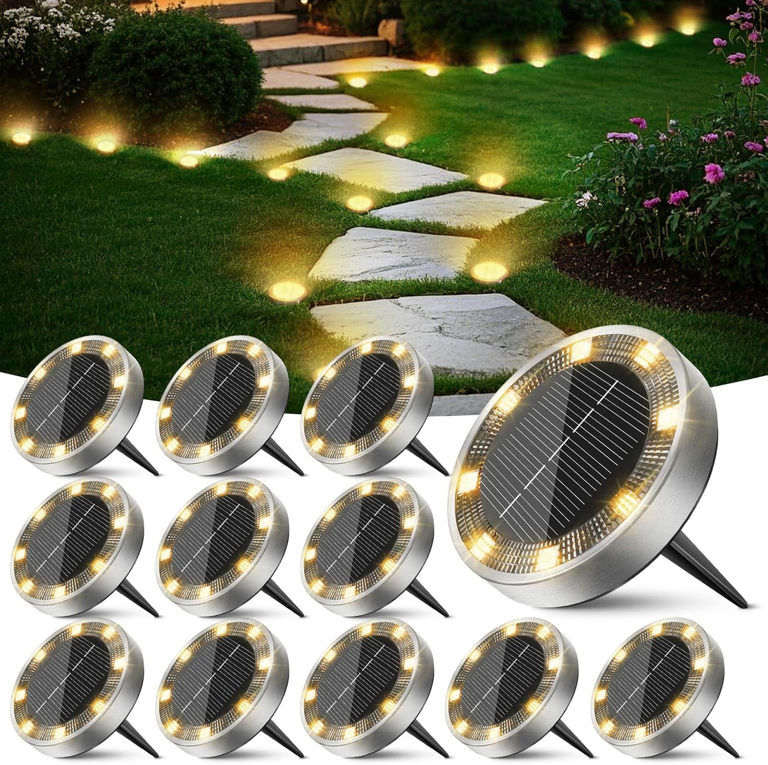 Luces solares peasur para exteriores, paquete de 8 luces planas de discoteca con energía solar, ip68 impermeables, antioxidantes, iluminación de pais