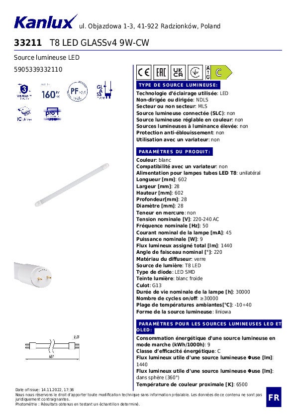 Tube LED T8 9W – Verre – Blanc Froid 6500K – 1440lm – 60cm – G13 - 8