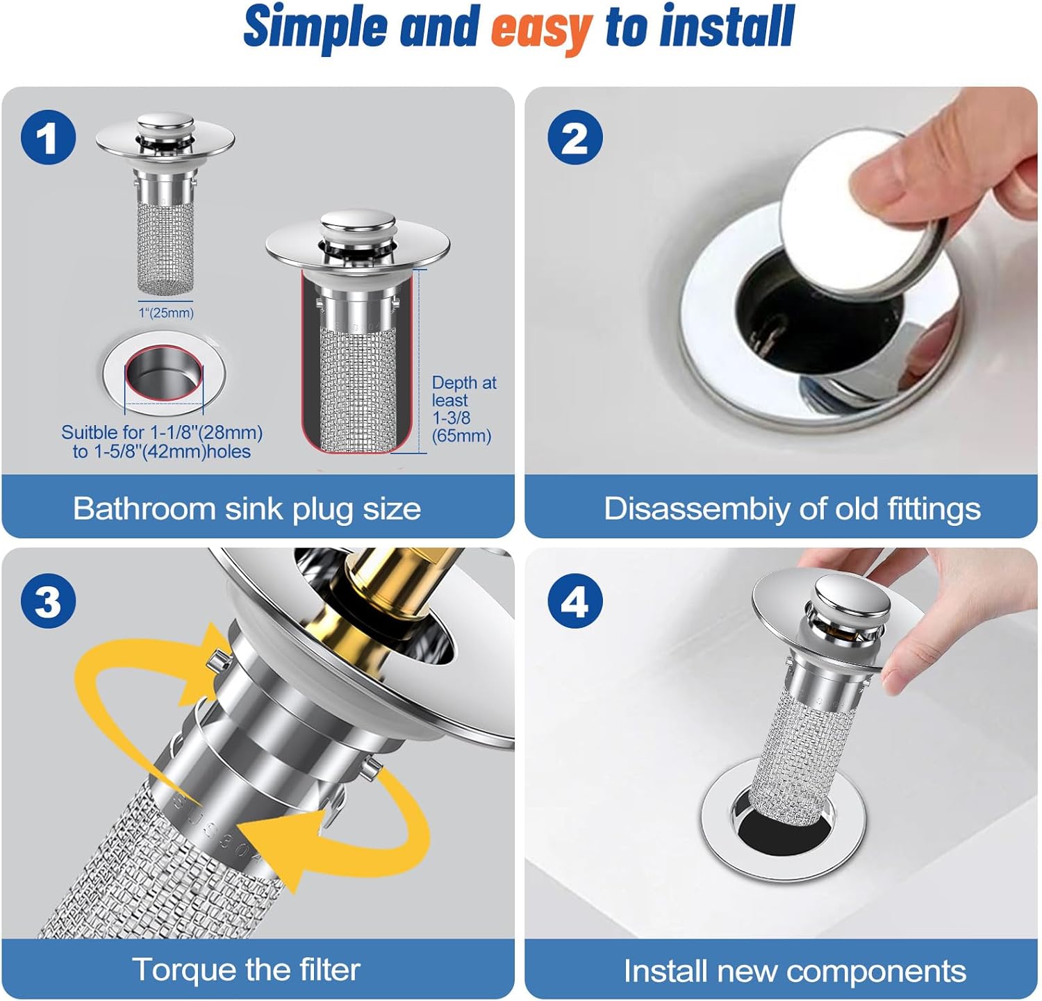 Lot de 2 bouchons de lavabo avec filtre à cheveux intégré et panier filtrant amovible en acier inoxydable. - 7