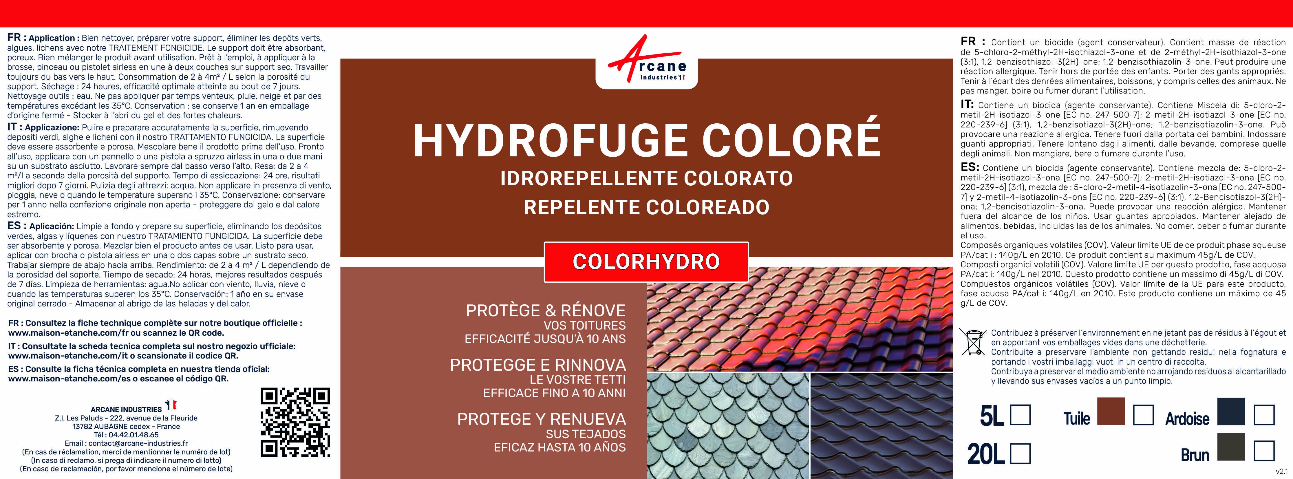 Hydrofuge Coloré Tuile et Toiture - COLORHYDRO - 20 L (jusqu à 80m²) Brun Sepia - RAL 8014 - ARCANE INDUSTRIES - 5