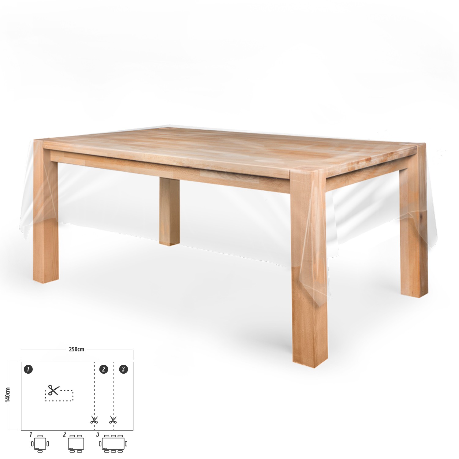Mantel hule rectangular transparente antimanchas pvc 140x250 cm. recortable uso interior y exterior