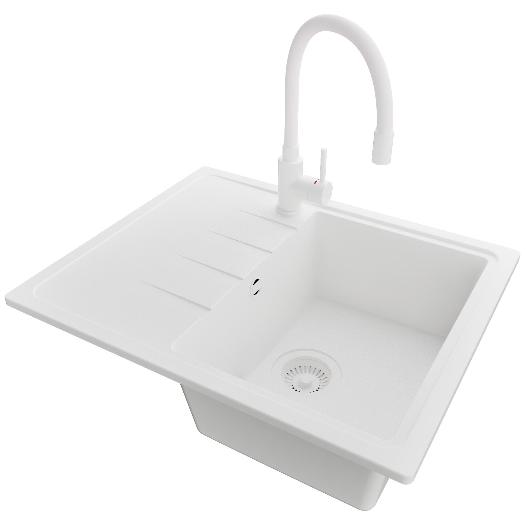 Zlewozmywak Granitowy Cały Biały 62x50cm, Zlew Kuchenny 1 Komorowy + Bateria 38x14cm + Syfon, Nablatowy do szafki od 40cm - Mediolan PRIMAGRAN