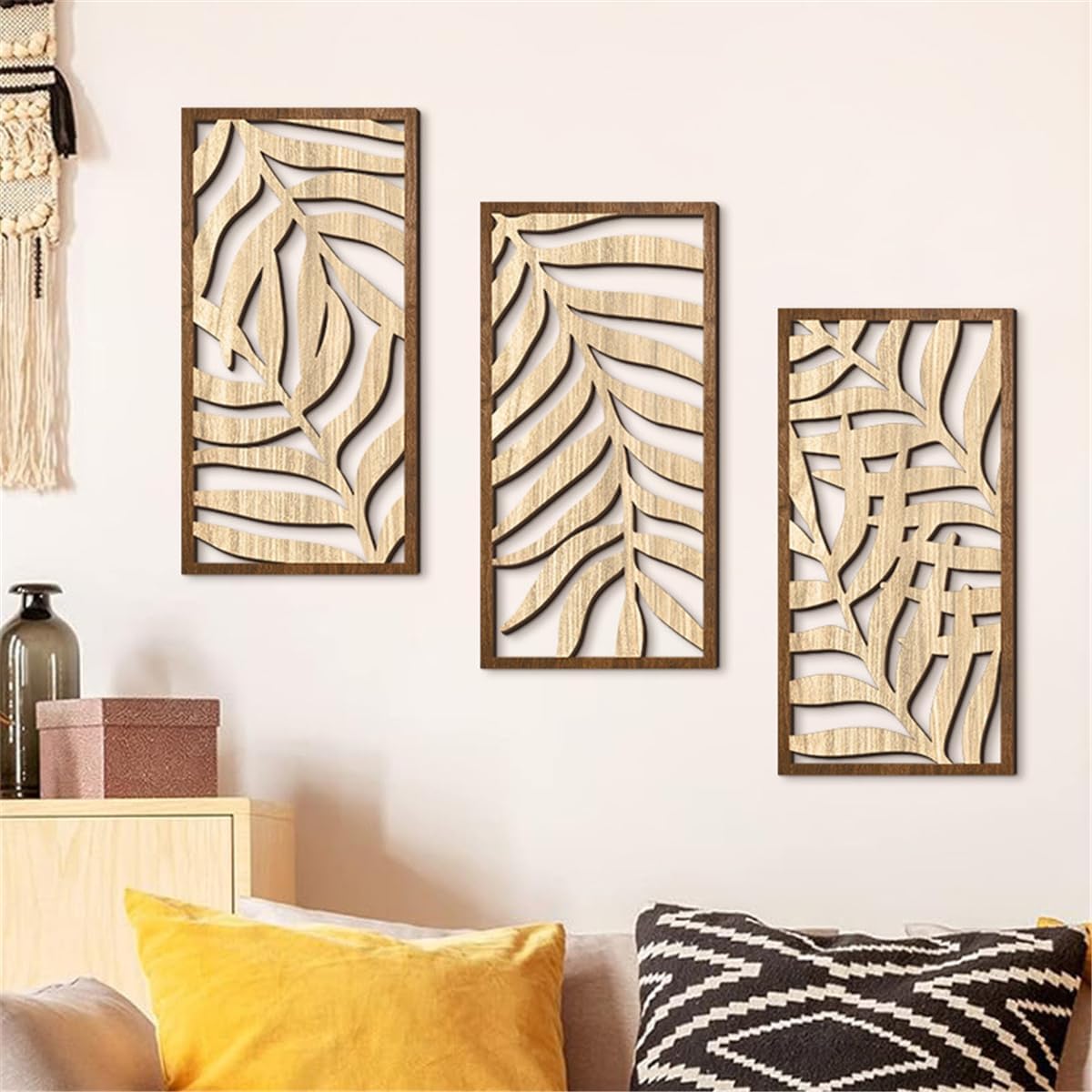 Lot de 3 décorations murales en bois feuilles tropicales, style minimaliste bohème, sculpture 3D découpée, pour salon chambre cuisine - 6