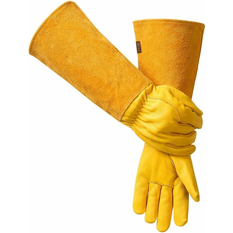 (Jaune L)Gants de Jardinage en Cuir Respirant pour Homme et Femme avec Gant Anti-épine, Manches Longues en Cuir de Vache pour Jardinier et Fermier - 2