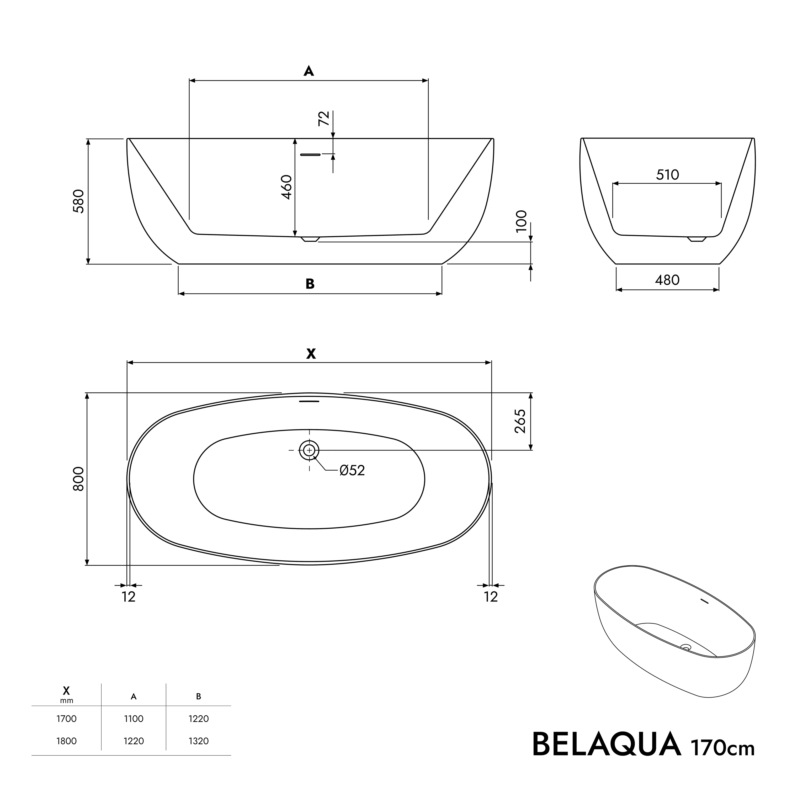 Bernstein Wanna wolnostojąca BELAQUA wanna owalna akrylowa biały połysk 170x80 cm - 5