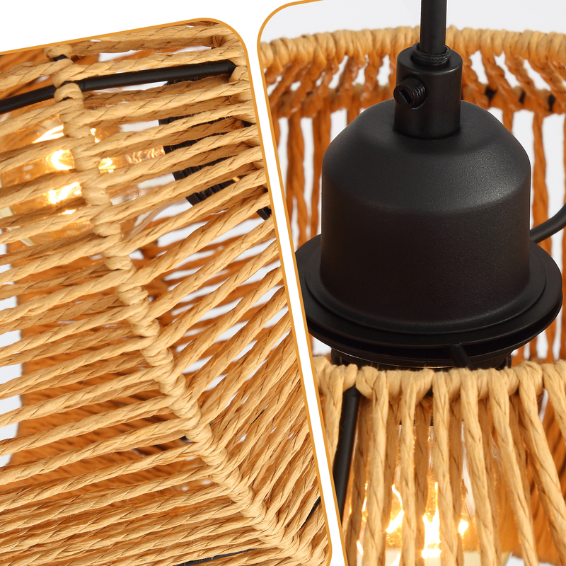 Nettlife Lampada Sospensione Boho Rattan - Lampadario 3 Luci E27, Regolabile, Stile Retrò, Tavolo Pranzo (Senza Lampadina) - 6