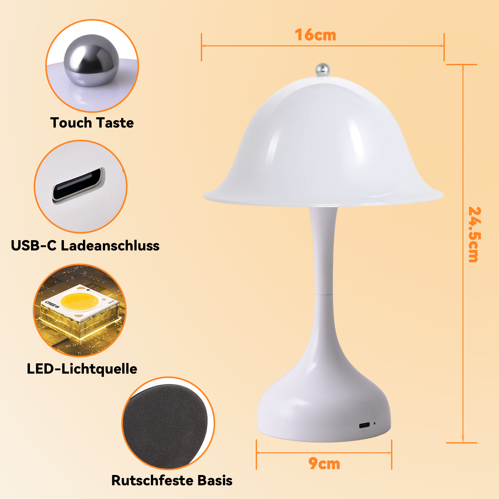 ZMH Lampa stołowa, lampka nocna, LED, ściemnialna, ładowana przez USB, do sypialni - 5