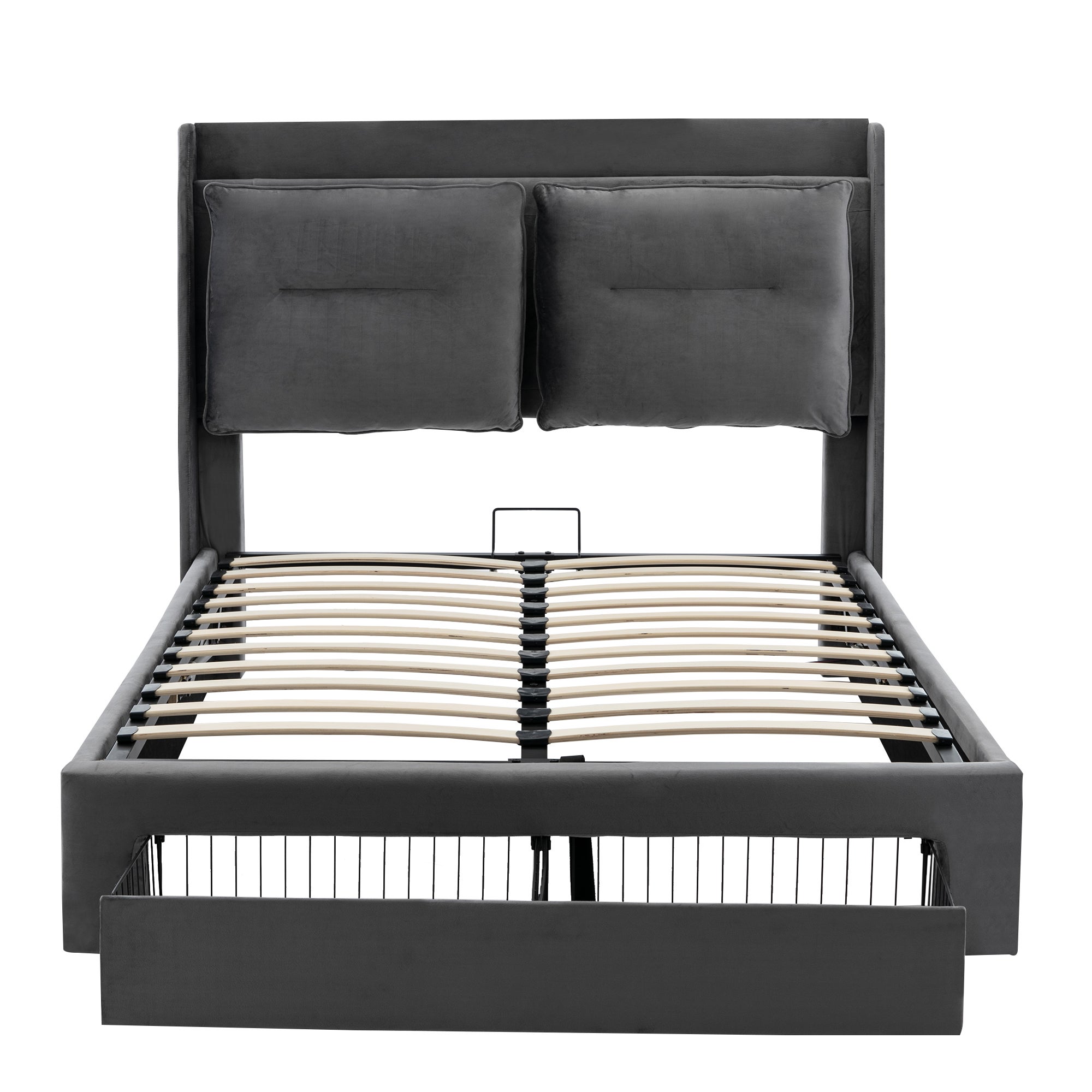 Cama con canapé tapizada en terciopelo - 140x190 cm - 2 cajones a los pies de la cama - Tira de luces LED empotrada a los pies de la cama - Gris - 6