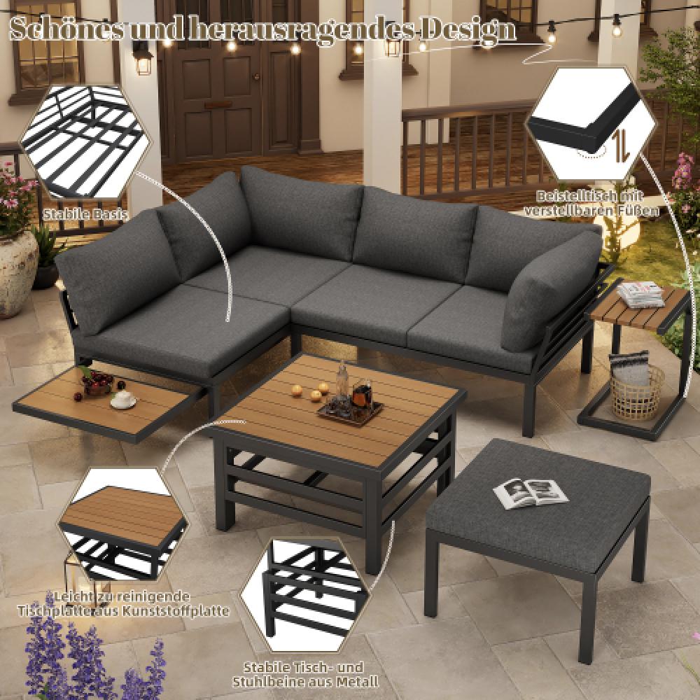 Ensemble de meubles de jardin (2 canapés doubles + 1 repose-pieds), table avec plateau en plastique, structure en fer galvanisé, coussins inclus - 8