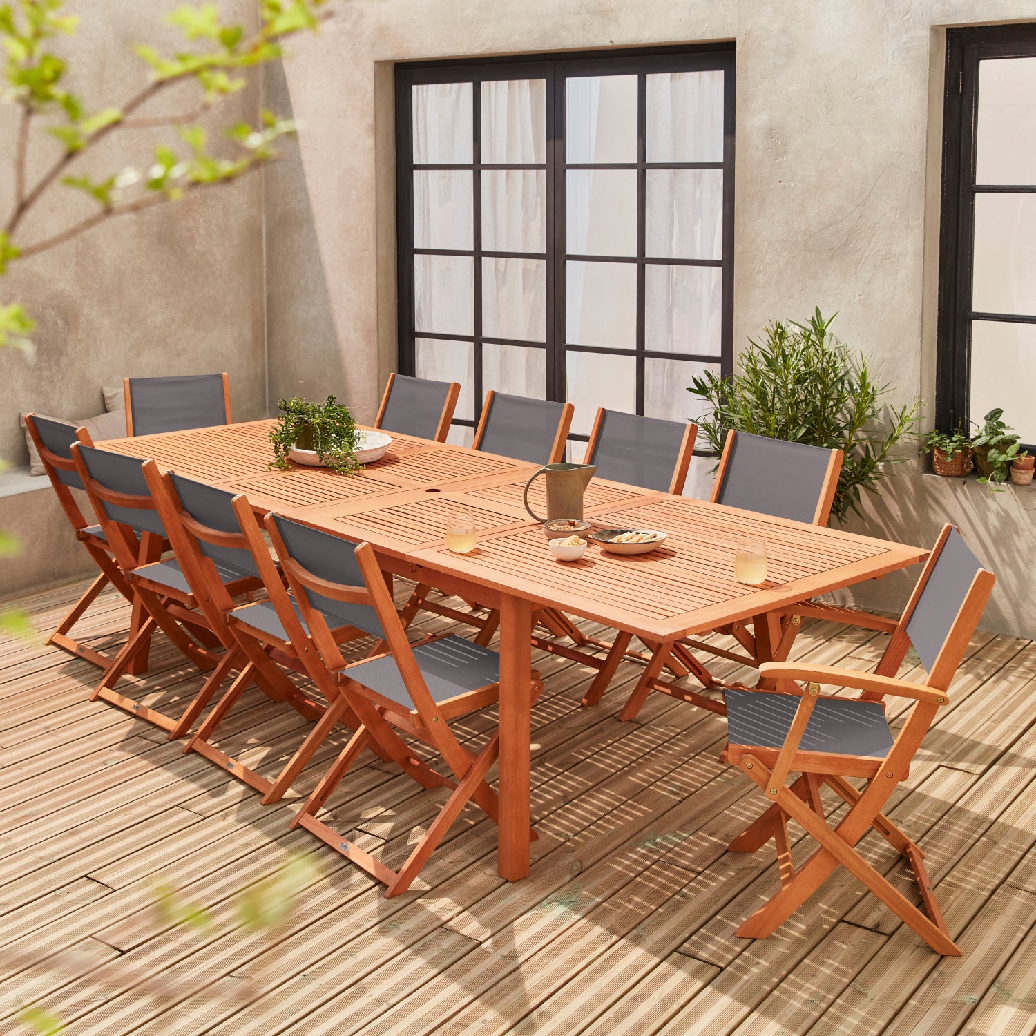 Salon de jardin en bois extensible - Almeria table 200/250/300cm avec 2 ...