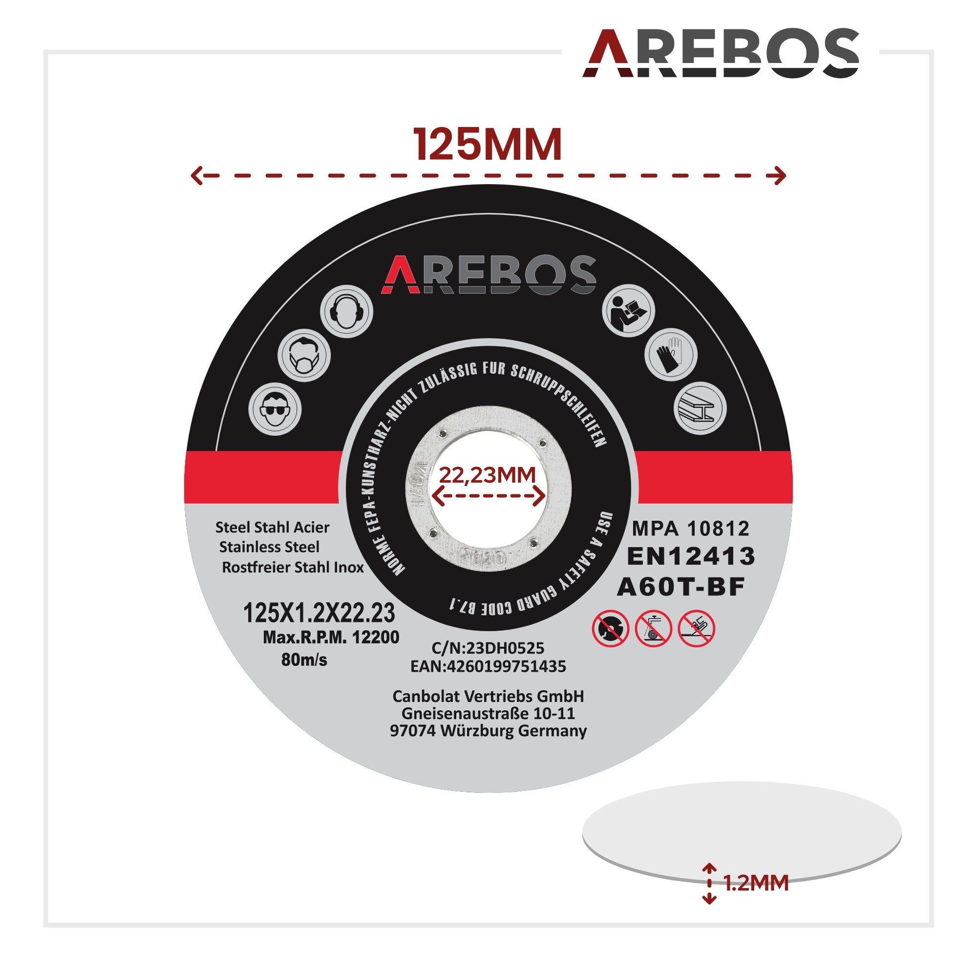 AREBOS 50x 125 mm Meule à tronçonner Fer, Métal, Acier, Inox, Aluminium (125 x 1,2 x 22,2 mm) Disques à tronçonner 125 pour Meuleuse d'Angle - 7