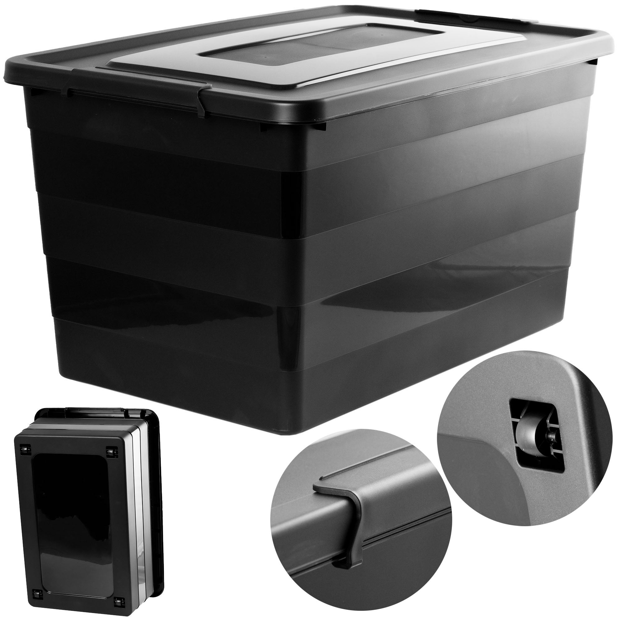 Pojemnik Plastikowy Pudełko Plastikowe Z Pokrywką Na Kółkach Pudło Box Do Przechowywania Do Garażu Piwnicy Czarny 55L