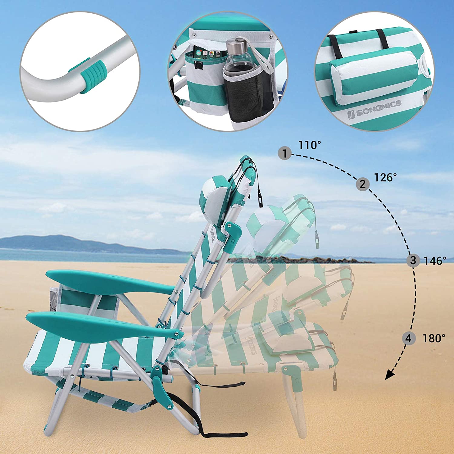 Chaise de Plage Portable,Pliable, Dossier Inclinable jusqu'à 180°, Rayures Vertes et Blanches - 4