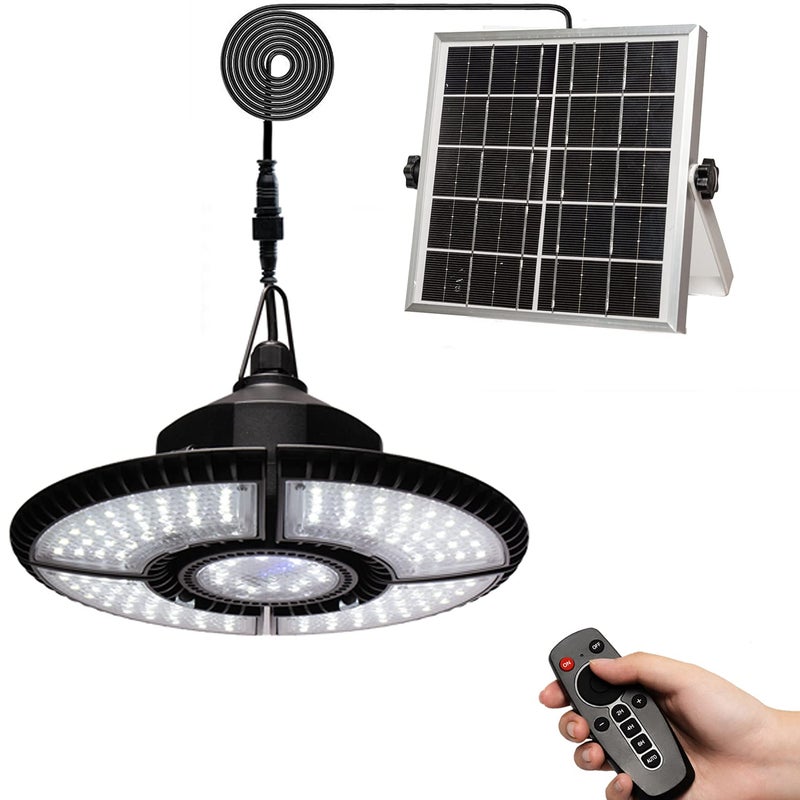 Zewnętrzna lampa solarna, lampa solarna do szopy z 4 regulowanymi wielopozycyjnymi panelami, wodoszczelna lampa solarna wisząca IP65 z pilotem