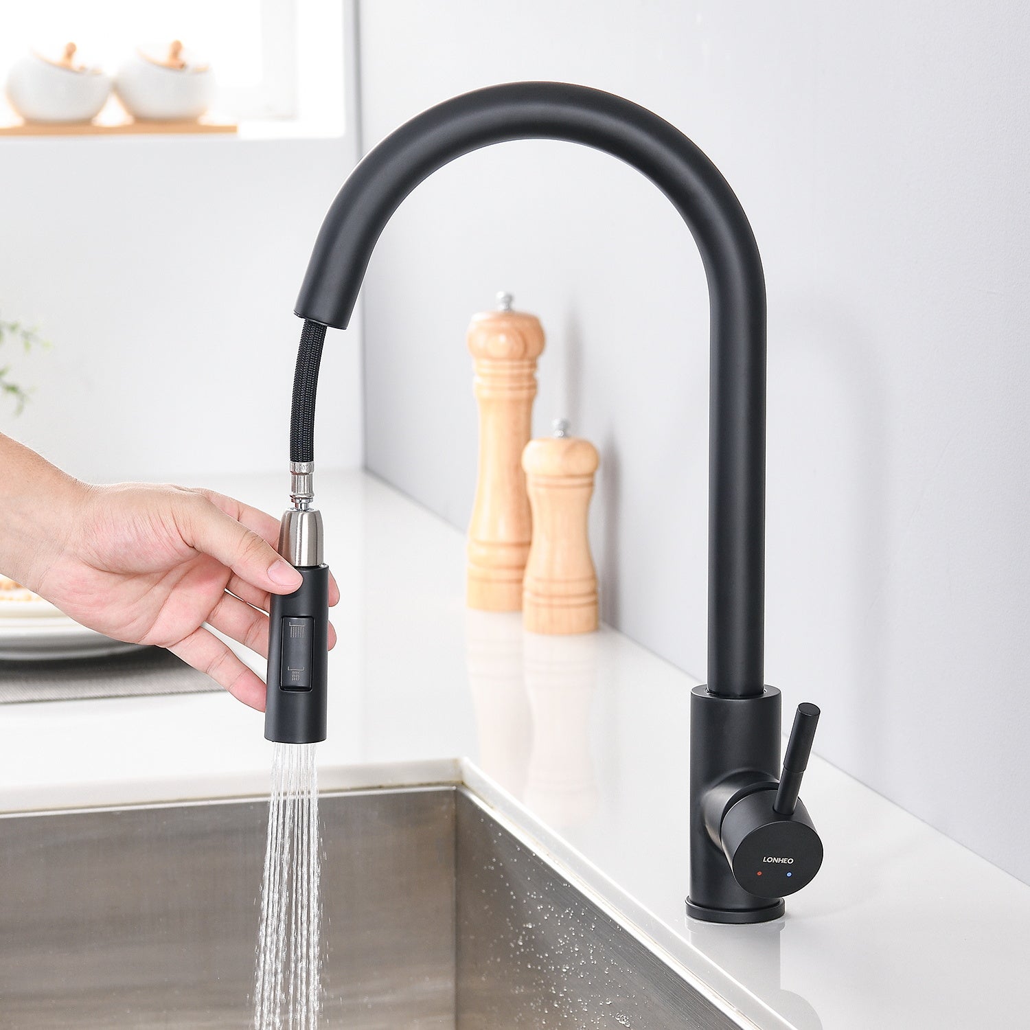 Robinet de Cuisine avec Douchette Extractible Mitigeur de Cuisine avec 2 Types de Jet D'eau Robinet d'évier en Inox Noir - 3