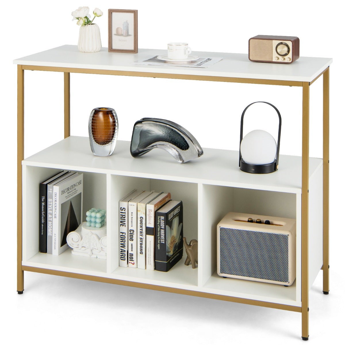 Buffet Salle A Manger Avec 2 Portes 6 Compartiments Buffet Salon En Mdf Avec Pieds Et Poignees Plaques Or 75x40x90 Cm   Blanc