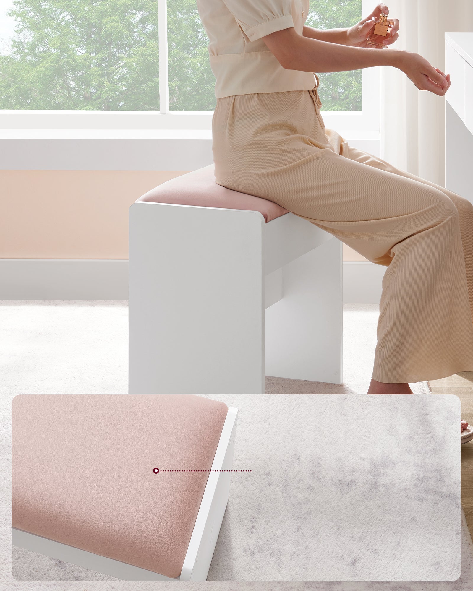 Tabouret de Coiffeuse, en Velours, Patins Antidérapants, Blanc Mat et Rose Bonbon - 4